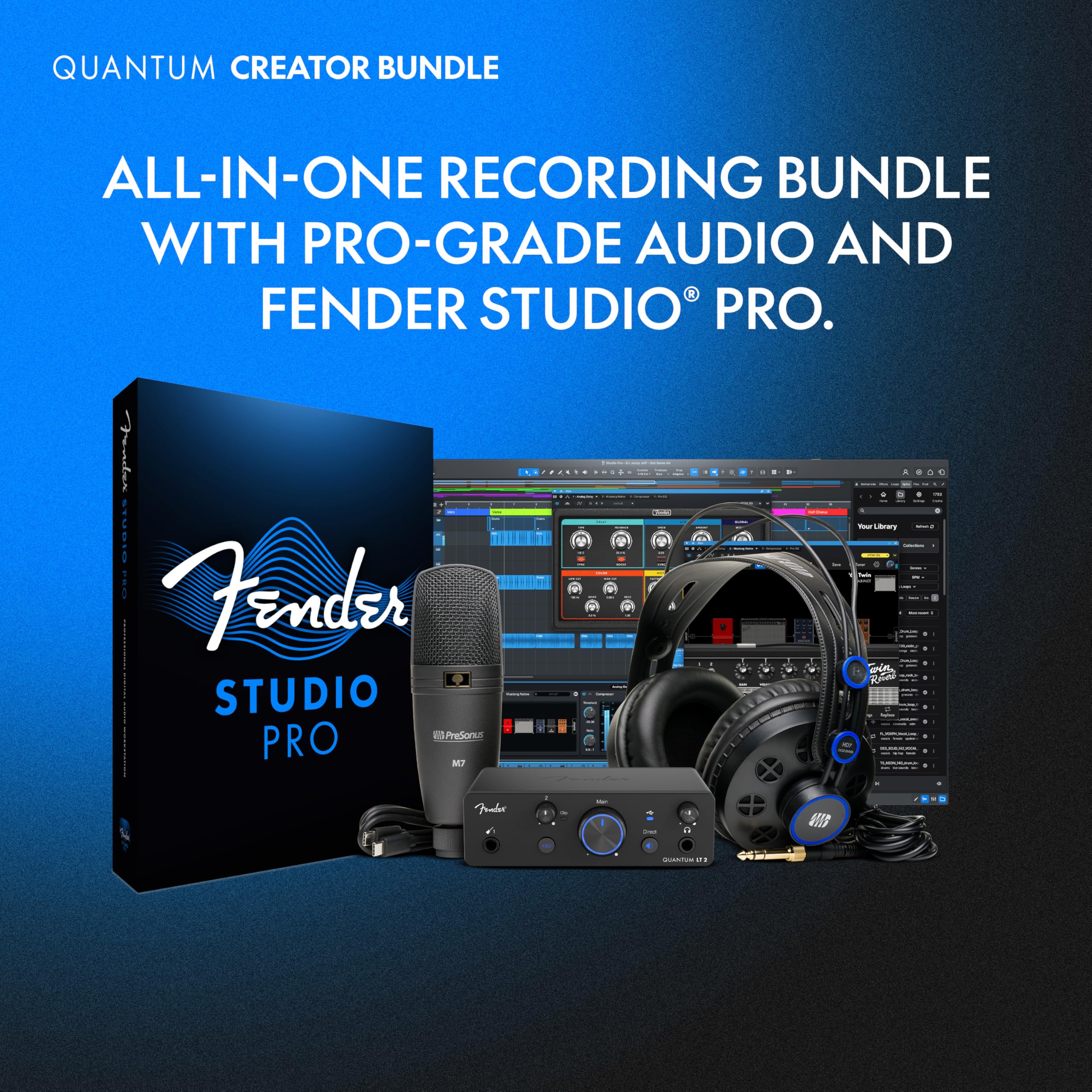 Fender Quantum Creator Bundle | Kit d’enregistrement domestique avec interface USB-C Quantum LT 2, microphone à condensateur M7, casque HD7, Fender Studio Pro, Pack Studio pour débutants