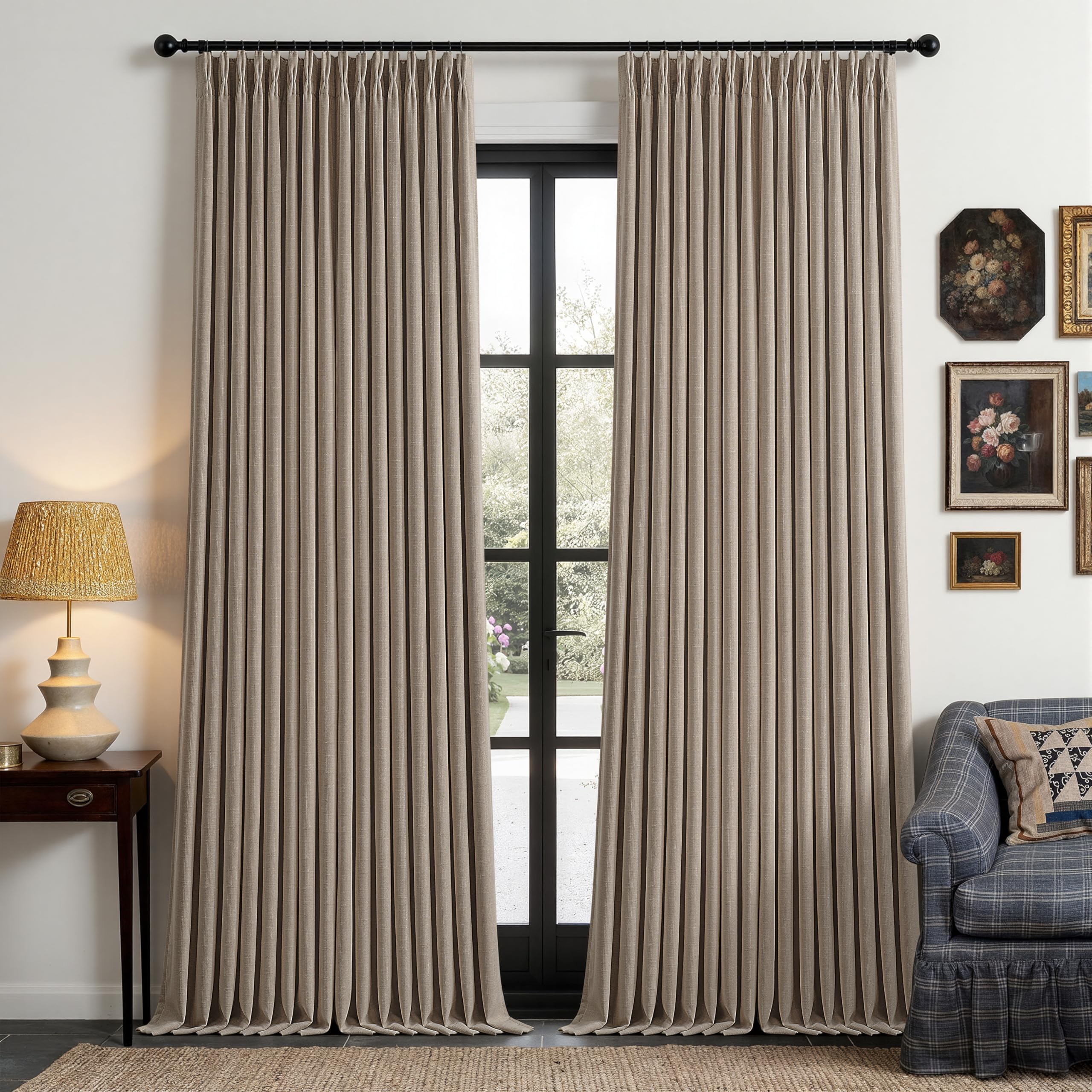 Photo 1 of 102 Inch Pinch Pleated Blackout Linen Curtains for Bedroom 2 Panels Memory Trained 100% Black Out Soundproof Room Darkening Burlywood Birch Window Curtains Double Layer Pinch Pleat Drapes