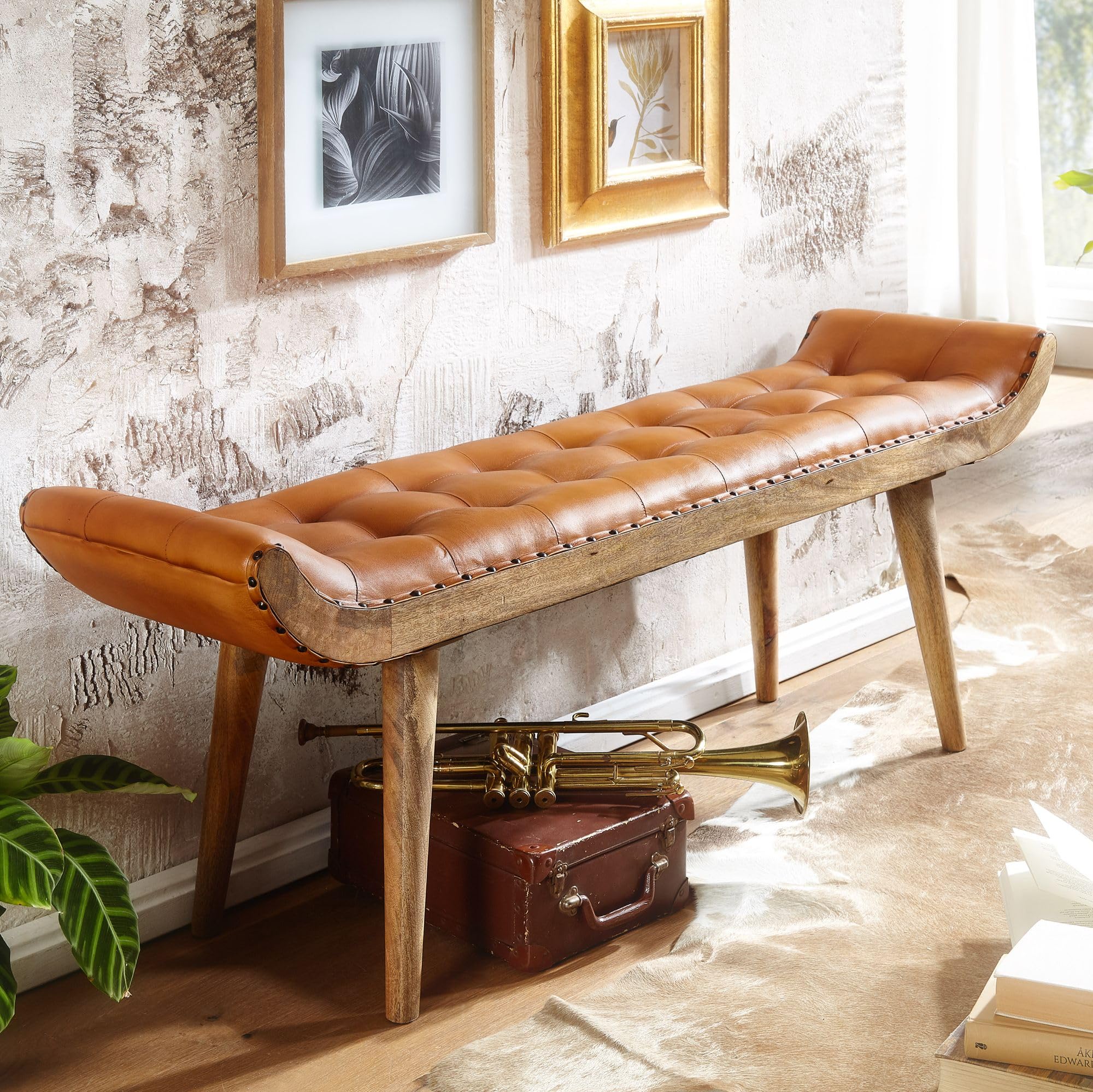 FineBuy Banc 125x38x50 cm Bois Massif Cuir Véritable, Chesterfield