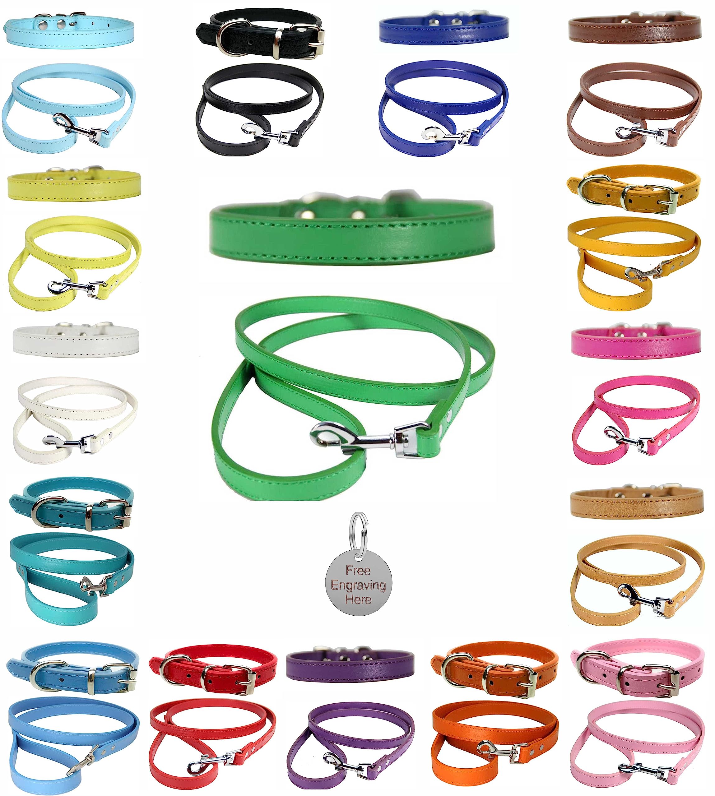 Vibrant Leather Dog Collar & Lead Combo Set for Puppy, Dogs Small, Medium & Large With Personalised Engraved Round Silver Pet Tag (Small (27cm - 33cm Neck), Green)