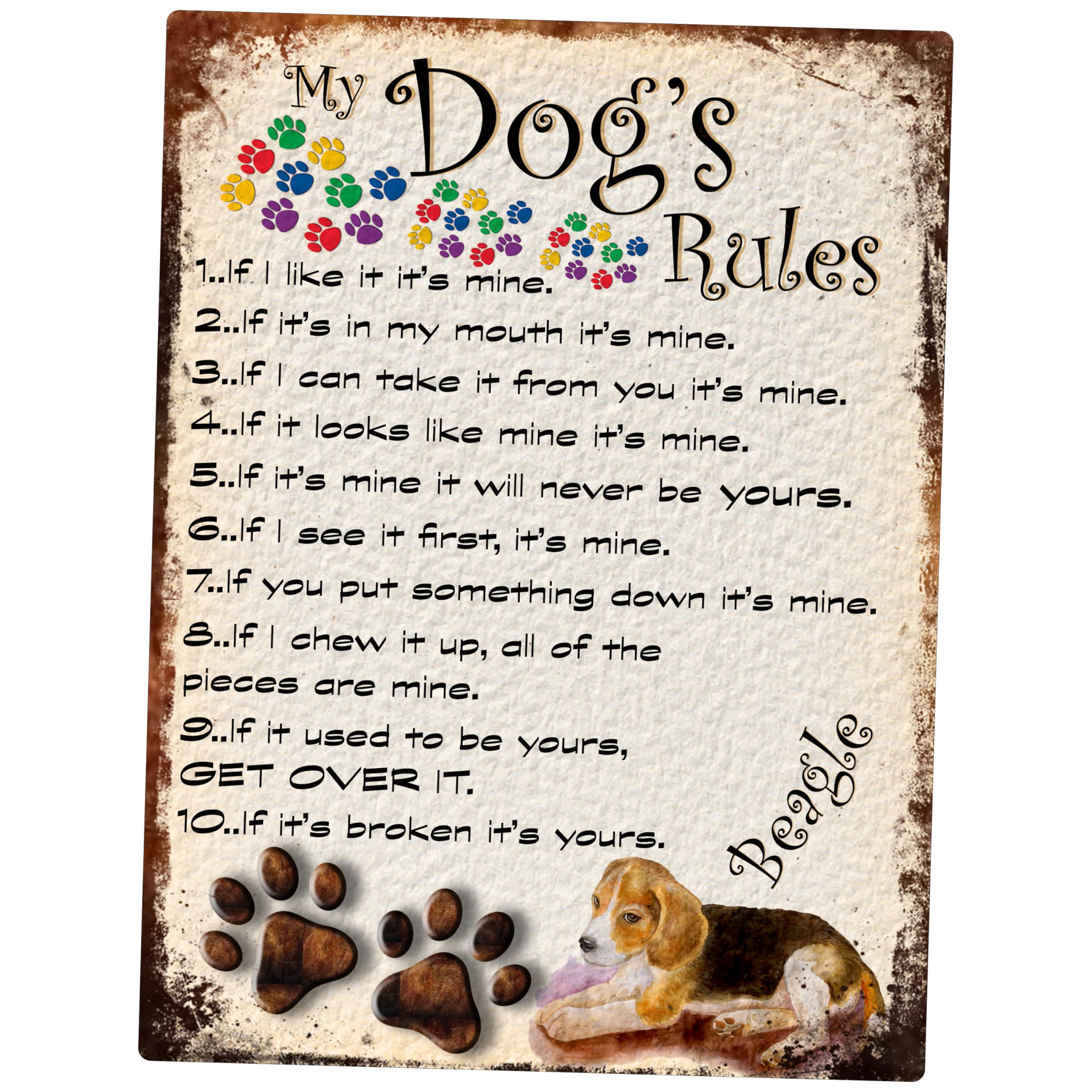 Shawprint Limited Beagle Shawprint My Dog's Rules Retro Style Metal Tin Sign/Plaque Theme 8" X 6" (87Dr)