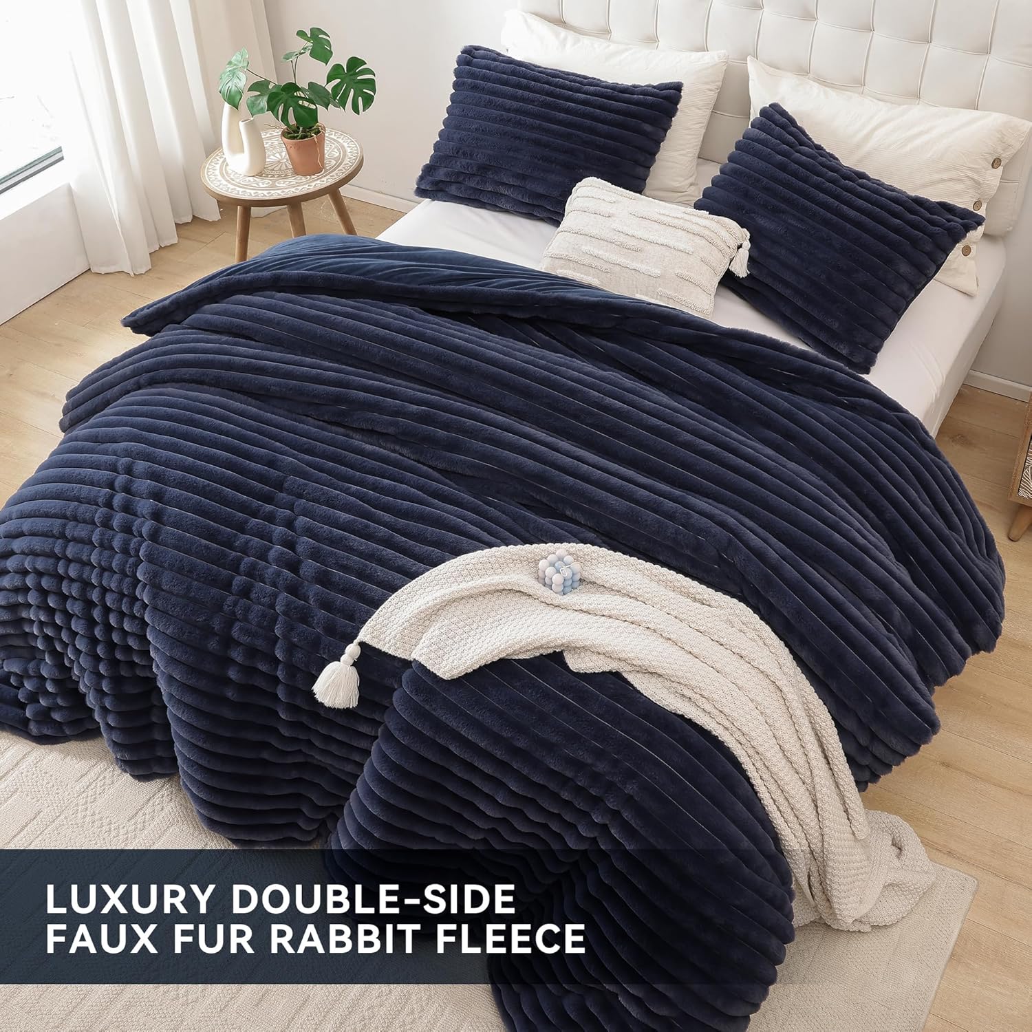 Smoofy Fluffy Full Size Comforter Sets 3 Pieces - Navy Blue Fleece Fluffy Comforter Set, Luxury Fuzzy Full Bed Set, Soft Comforter Full Size All Season, Heavy Faux Fur Comforter with 2 Pillow Cases - Image 4