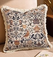 Kokaaee 18x18 Vintage Embroidered Throw Pillow Cover with Fringe - Bird Flower Boho Rustic Design for Sofa Bed Couch