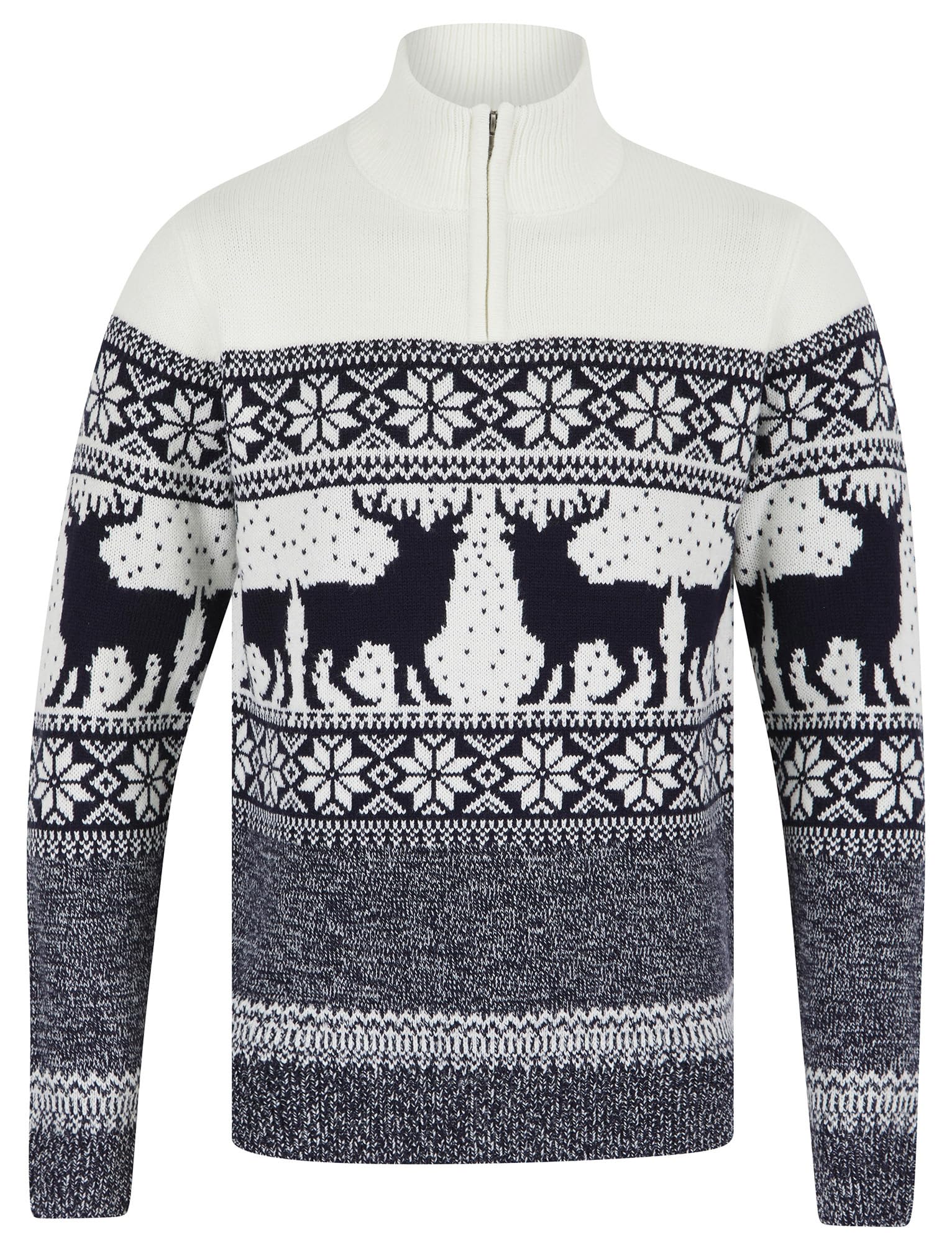 Tokyo Laundry Men's Gullfoss - Laundered Ecru Merry Christmas Nordic Fair Isle Jacquard Knit Jumper With Quarter Zip Funnel Neck