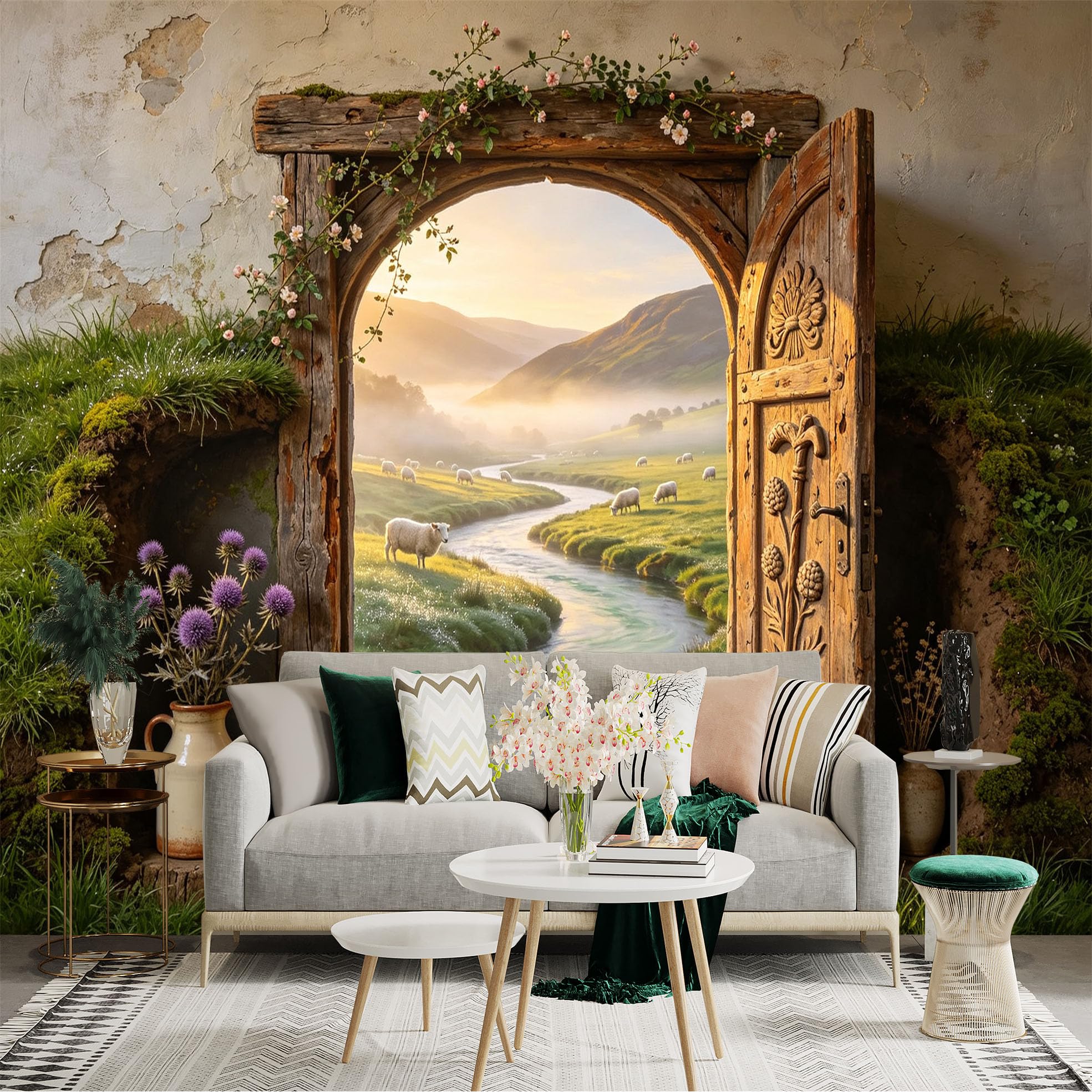 Custom Size Wall Sticker Mural， Rustic Cottage Door， Countryside River， Sheep Meadow Landscape， for wall Decoration， peelandstick wall Decals.