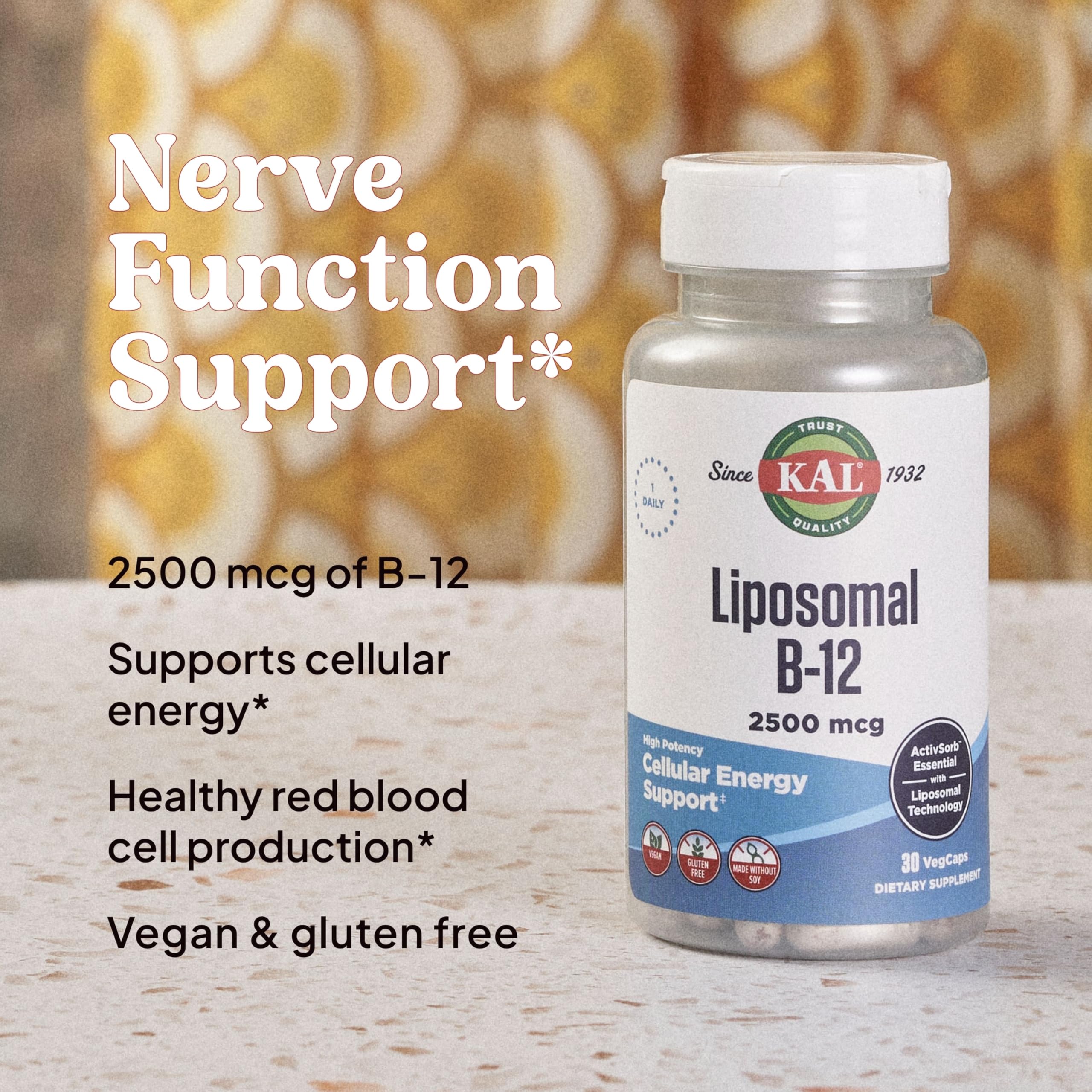 KAL Liposomal Vitamin B12 2500 mcg, High Absorption, Liposomal Technology, Cellular Energy Support, Vegan Capsules, Gluten Free, Made Without Soy, 30 Servings — Amazon image 5