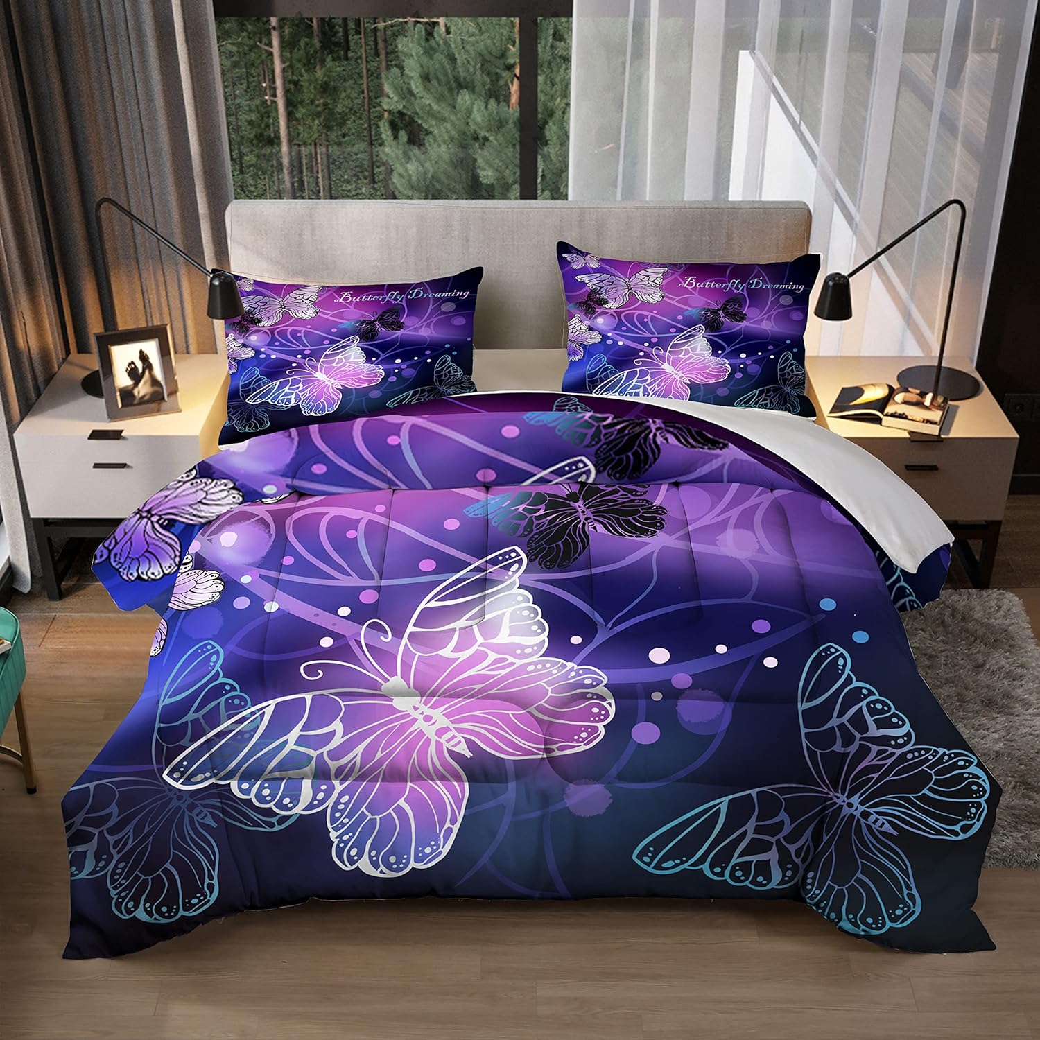 Sunnycitron 3D Purple Butterfly Bedding Queen Comforter Set Dreamy Butterfly Comforter Set for Girls Neon Butterflies Purple Bed Comforter (1 Comforter + 2 Pillowcases),Easy-Wash Fade Resistant - Image 2