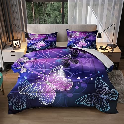 Sunnycitron Juego de edredón tamaño individual con diseño de mariposas moradas 3D para niñas y mujeres, suave, transpirable, resistente a la