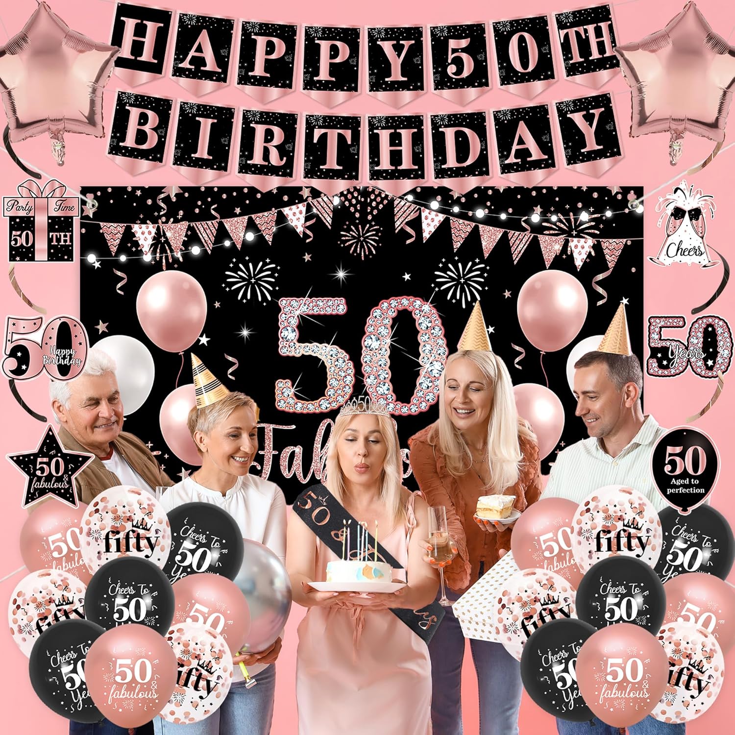 Vlipoeasn 40PCS 50th Birthday Decorations for Women, Black Rose Gold 50th Birthday Backdrop Banner Crown & Sash for Party, 50 Years Old Birthday Party Supplies - Image 4