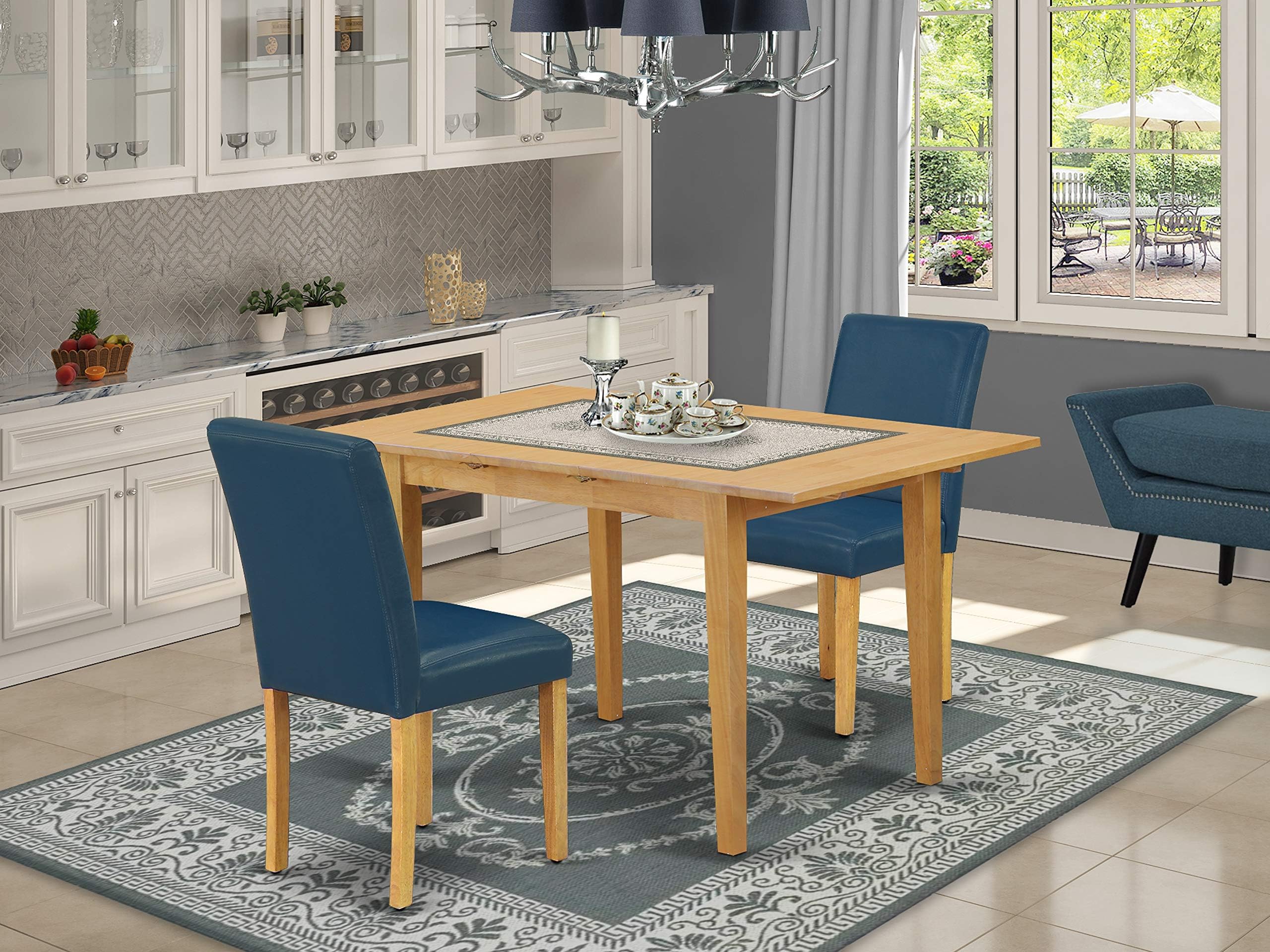 East West FurnitureNOAB3-OAK-55 3 Piece Kitchen Table & Chairs Set Contains a Rectangle Dining Table with Butterfly Leaf and 2 Oasis Blue Faux Leather Parson Chairs, 32x54 Inch, Oak