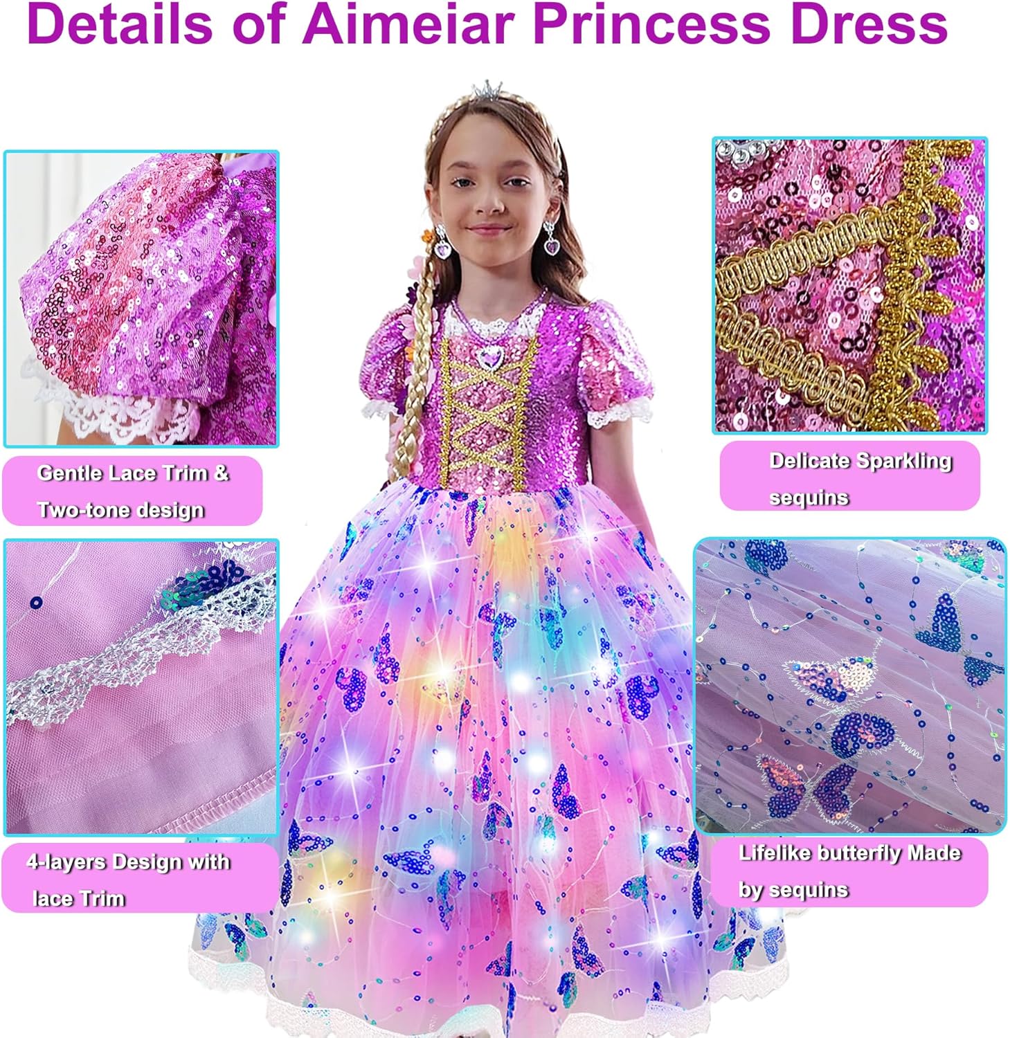 Aimeiar Light Up Girls Halloween Costume Snow Princess Dress Ice Christmas Costumes Toddler Kids Costume with Accessories