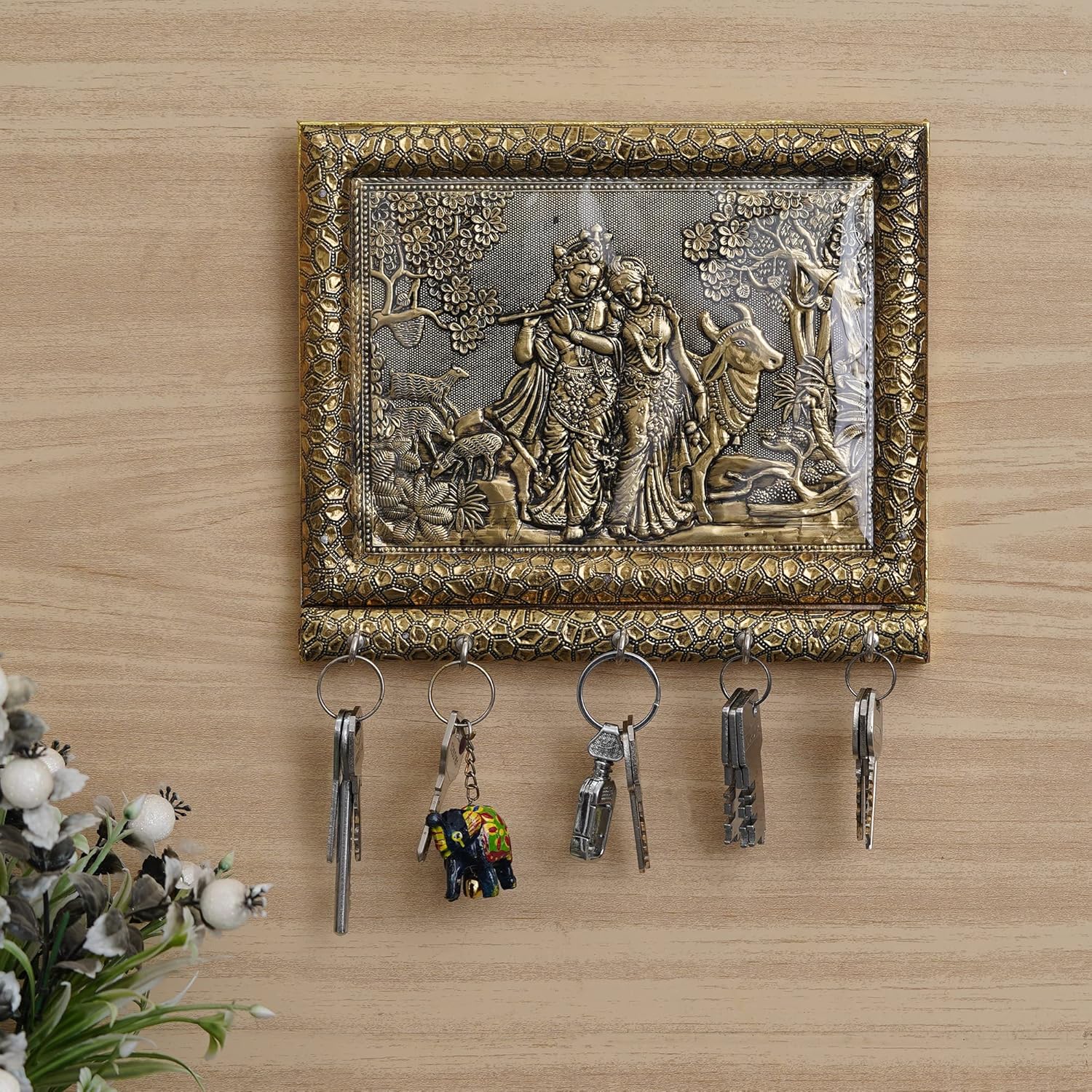 Webelkart Premium Hancrafted Beautiful Radha Krishna with Cow Wood Key Holder for Home and Office Decor (Gold, 5 Hooks)