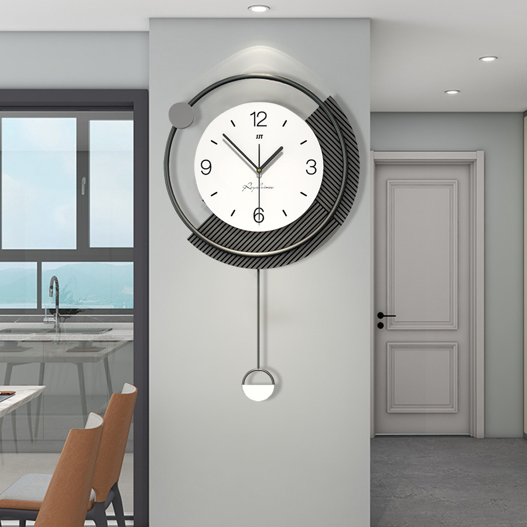 Orologio Da Parete Moderno SFITVE A Forma Di Goccia - Silenzioso, Digitale Con Pendolo, 54cm Nero+Bianco - Foto 8