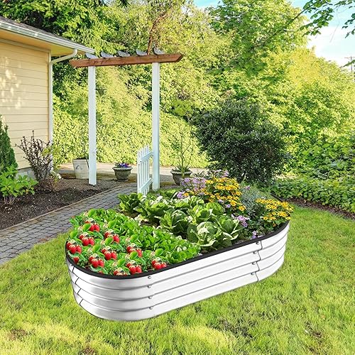 Miniatura 2 de Incbruce Kit de cama de jardín elevada de aluminio para exteriores, 4 x 2 x 1 pies, caja ovalada grande sin fondo con borde de tira de goma para