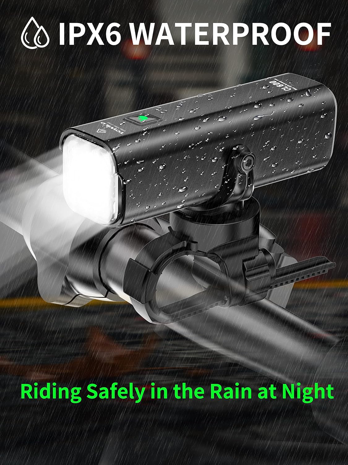 TOWILD bike light showing IPX6 waterproof rating