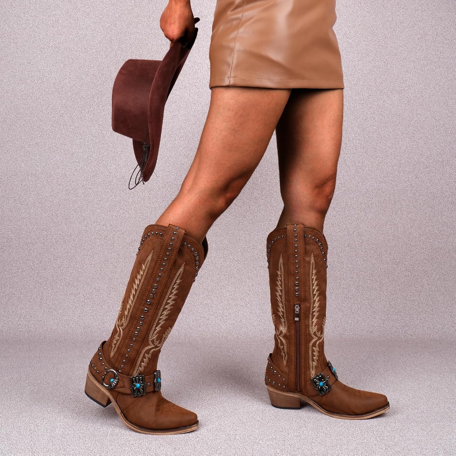 Yolkomo Cowboy Boots for Women Knee High Western Cowgirl Boots with Embroidery Belt Buckle Chains - Image 6