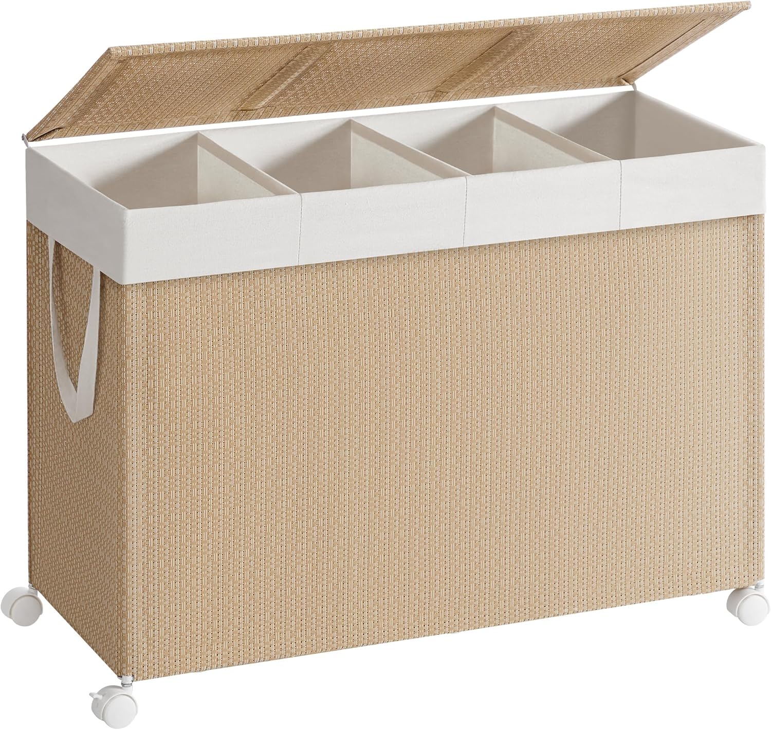 SONGMICS HOME Laundry Hamper with 4 Section, 180 L Large Rolling Laundry Basket with Wheels, Rattan Clothes Basket with Lid, Removable Liner with Handles, Natural Beige and Matte White ULCB603N01