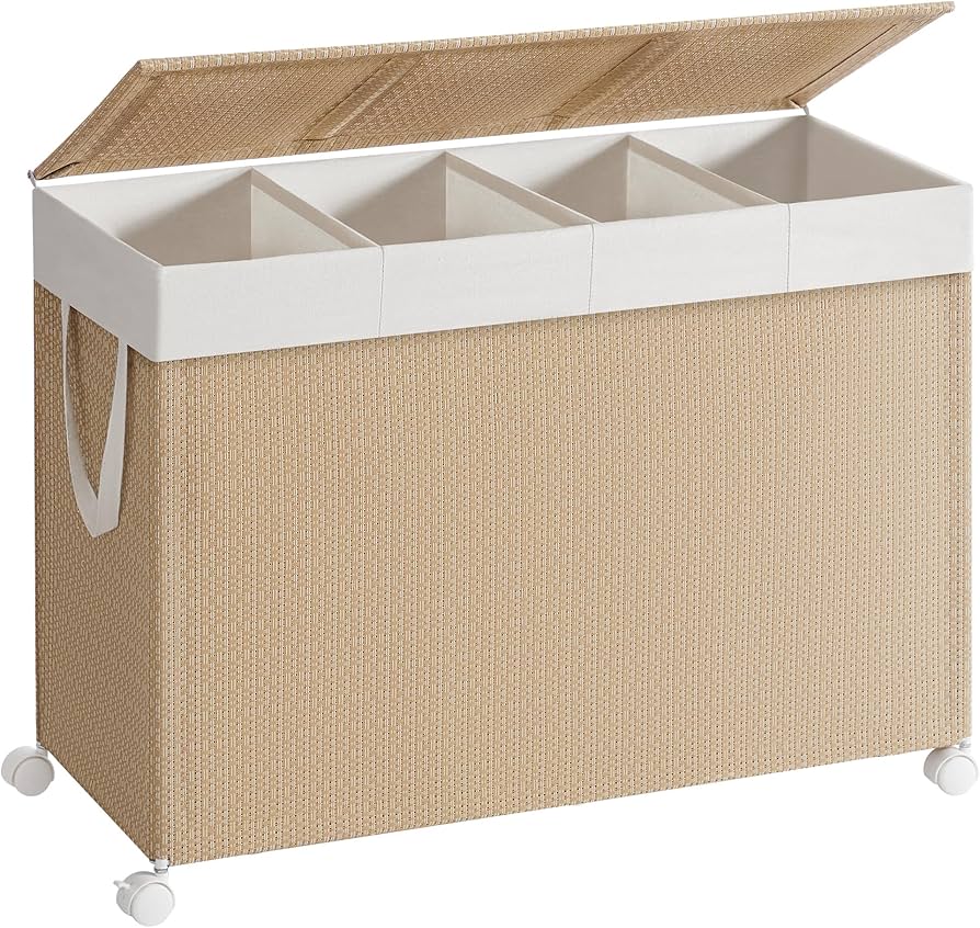 SONGMICS HOME Laundry Hamper with 4 Section, 180 L Large Rolling Laundry Basket with Wheels, Rattan Clothes Basket with Lid, Removable Liner with Handles, Natural Beige and Matte White ULCB603N01