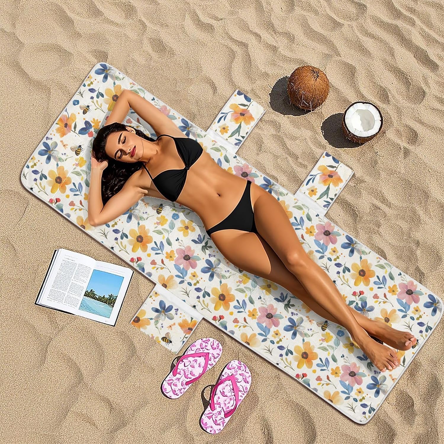 Lounge Chair Towel Cover Summer Beach Chair Lounge Cover with Pockets, Watercolor Flower Bee Portable Soft Absorbent Outdoor Chaise Towel Covers for Pool Patio Garden Sunbathing, 85'' x 30''