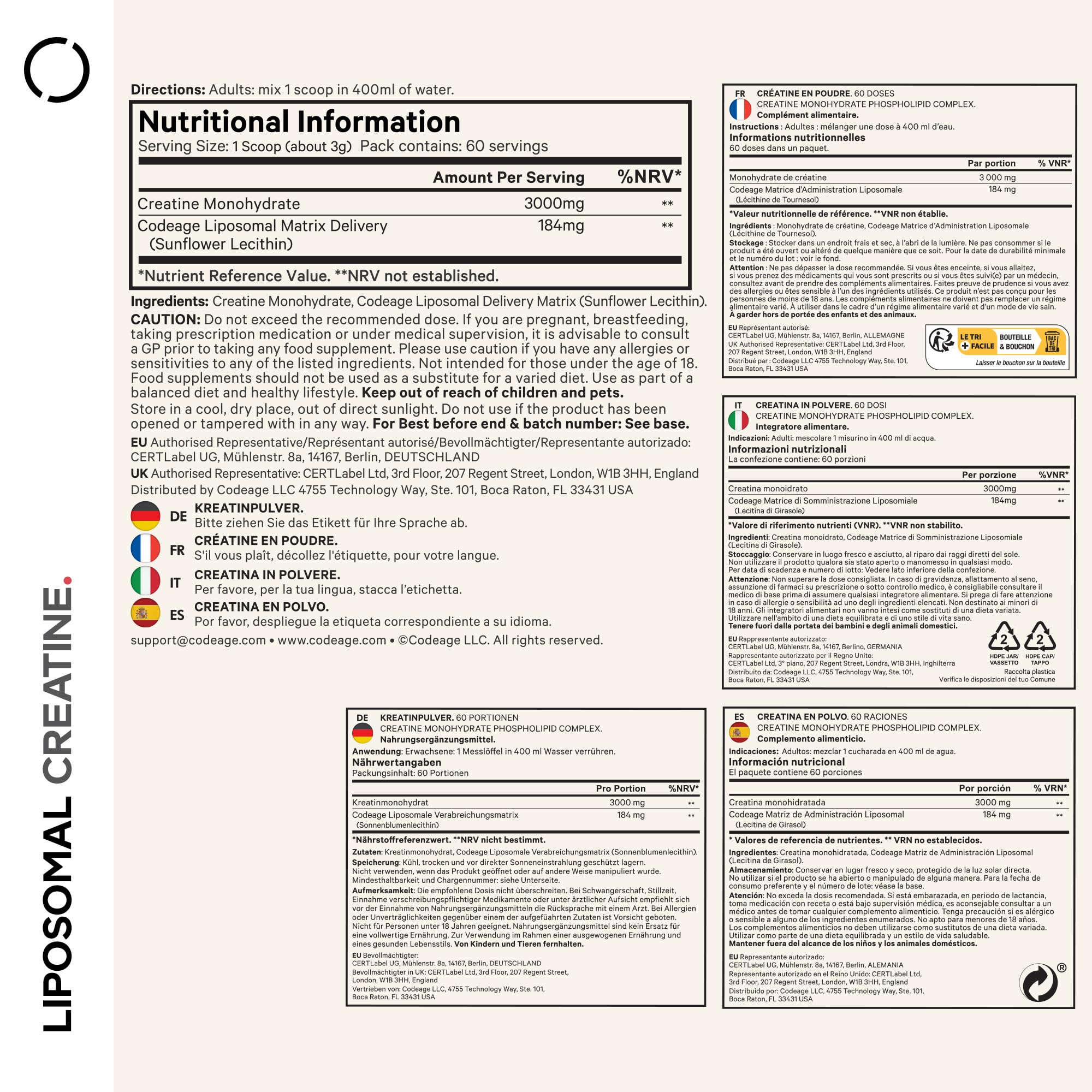 Codeage Liposomales Kreatin-Monohydrat-Pulver — 3000 Mg Pro Portion, Geschmacksneutral, 60 Portionen — Nahrungsergänzungsmittel Vor Und Nach Dem Training — 2-Monats-Vorrat