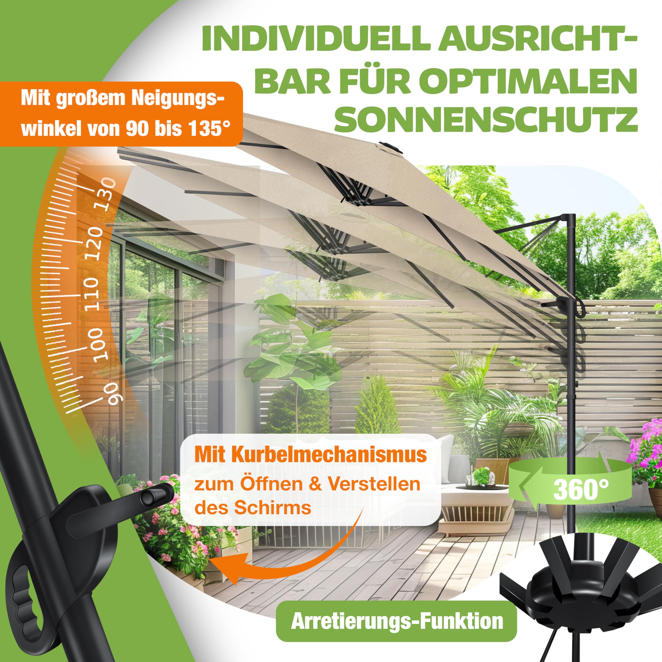 KESSER Ombrellone doppio, 4,6 m x 2,7 m, copertura per ombrellone e protezione antivento con manovella e supporto, in alluminio impermeabile, inclinabile, girevole a 360°, beige., Ohne LED