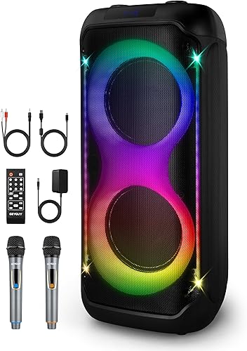 Máquina de karaoke GPSK28-1 con micrófonos para fiesta, altavoz de karaoke portátil con woofers duales de 8 pulgadas, compatible con tarjeta