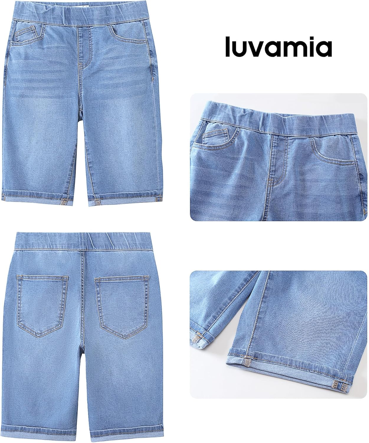 luvamia Bermuda Shorts for Women Jean Pull On Elastic Waist High Waisted Knee Length Fold Hem Stretchy Denim Long Shorts - Image 5