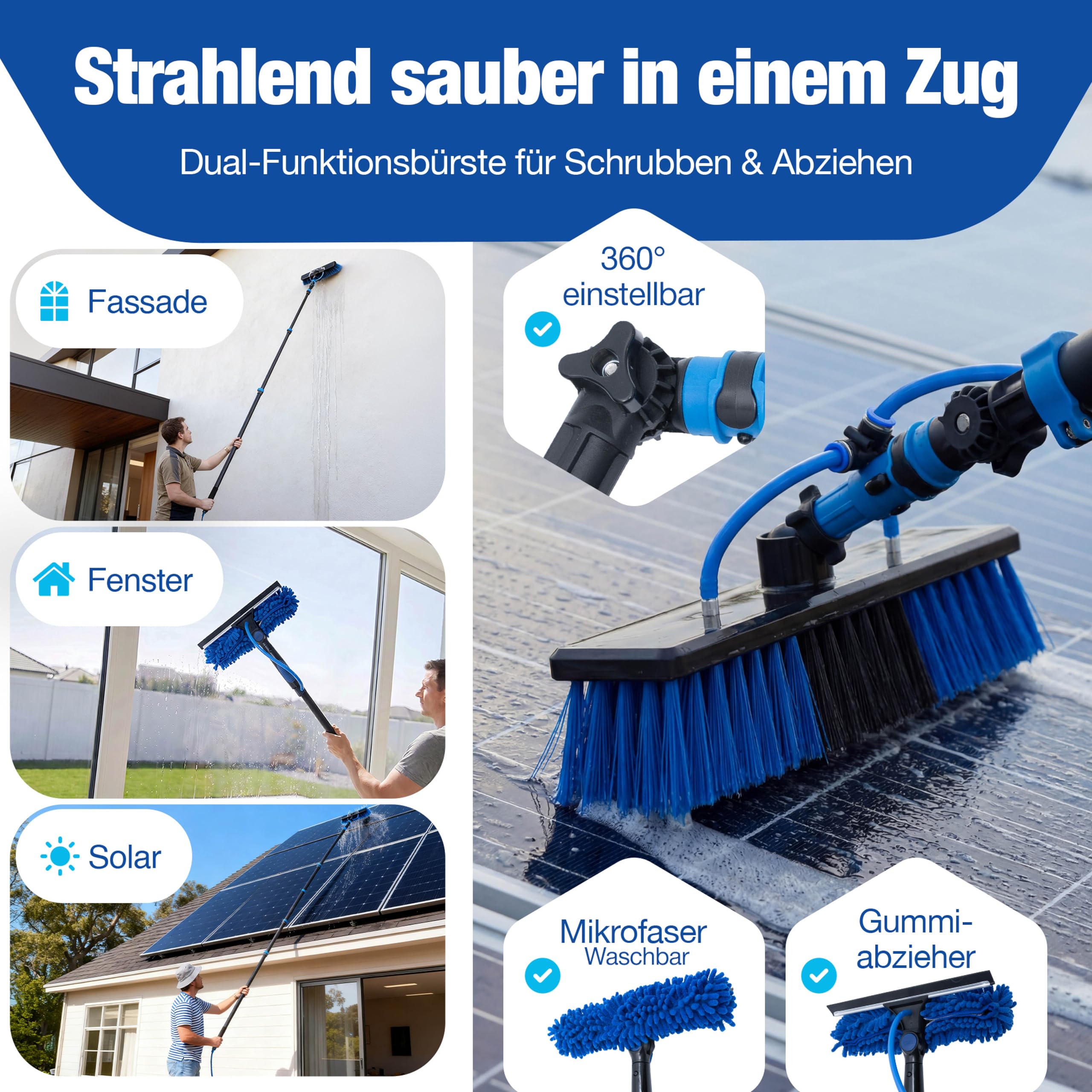 NTG Teleskop Waschbürste bis zu 7m 3-in-1 Bürstenkopf | Abzieher + Wasseranschluss | Innovation mit Zugventil |Wintergarten Reinigungsset PV Anlage Reinigung (7 M)