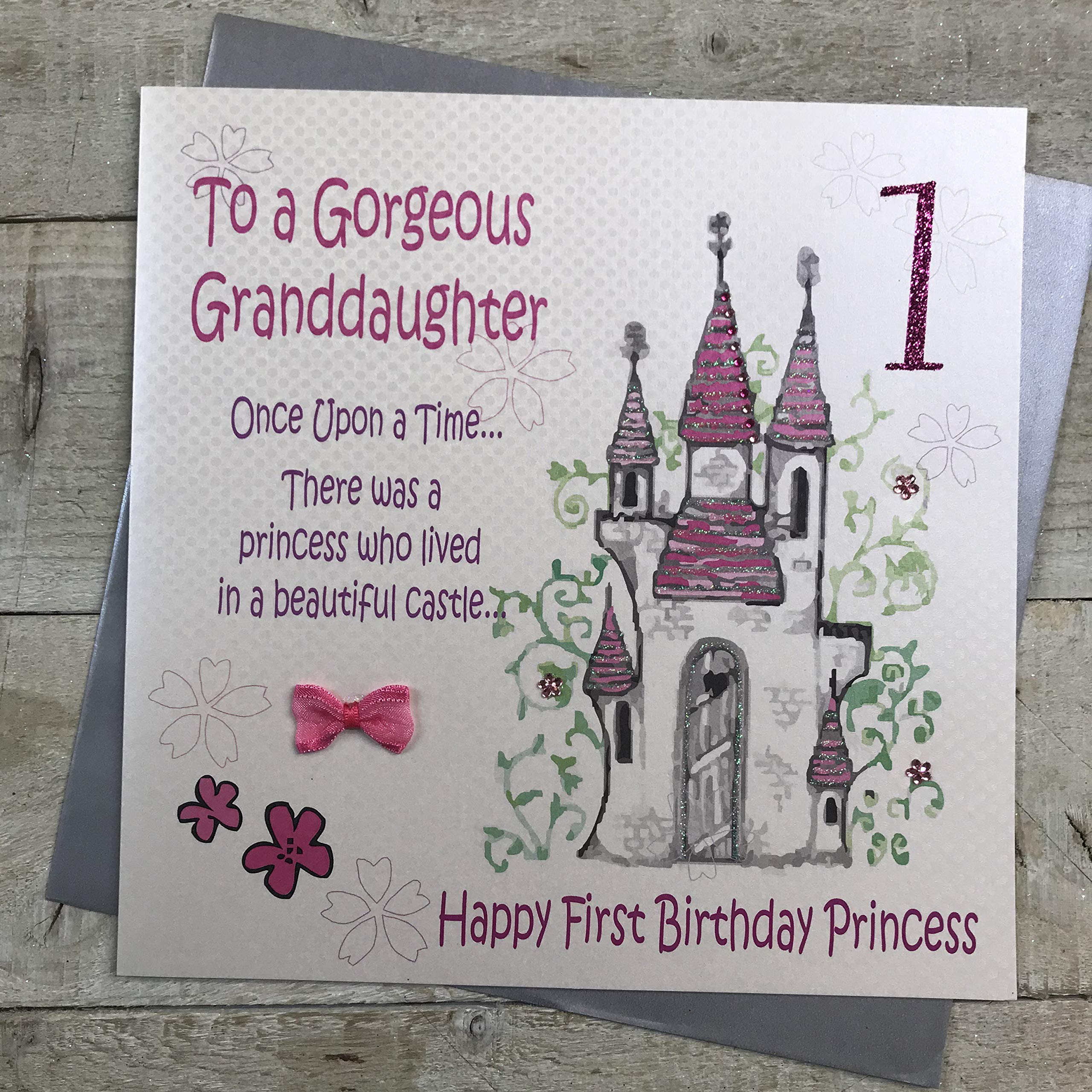 white cotton cards Large Fairy Tale, Princess Castle, To A Gorgeous Granddaughter Handmade 1st Birthday Card, XGL4