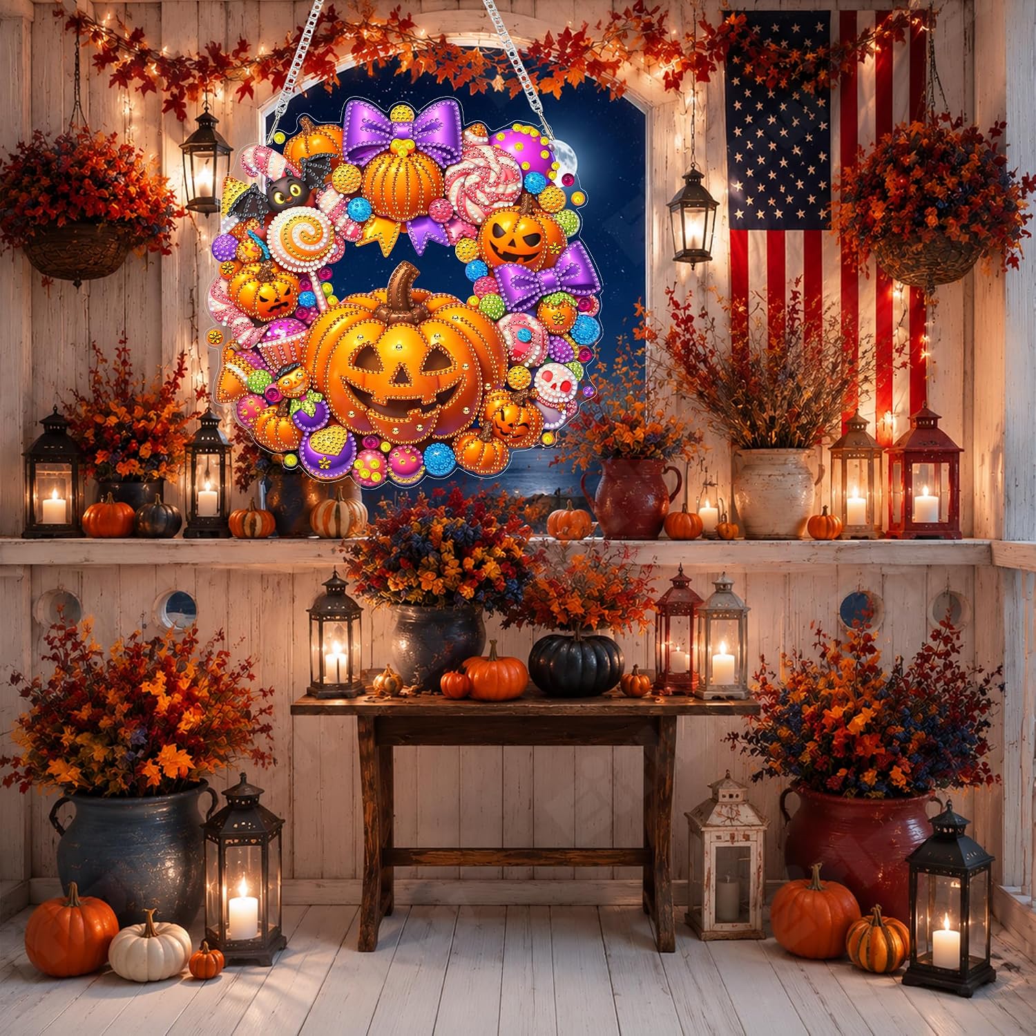 Eiflow Diamond Art Hanging Kit for Adults Candy Pumpkin, DIY Diamonds Pearl Painting Door Hanger Board Kit, Special Crystal Diamond Art Painting Pendant Ornament (Halloween Wreath)
