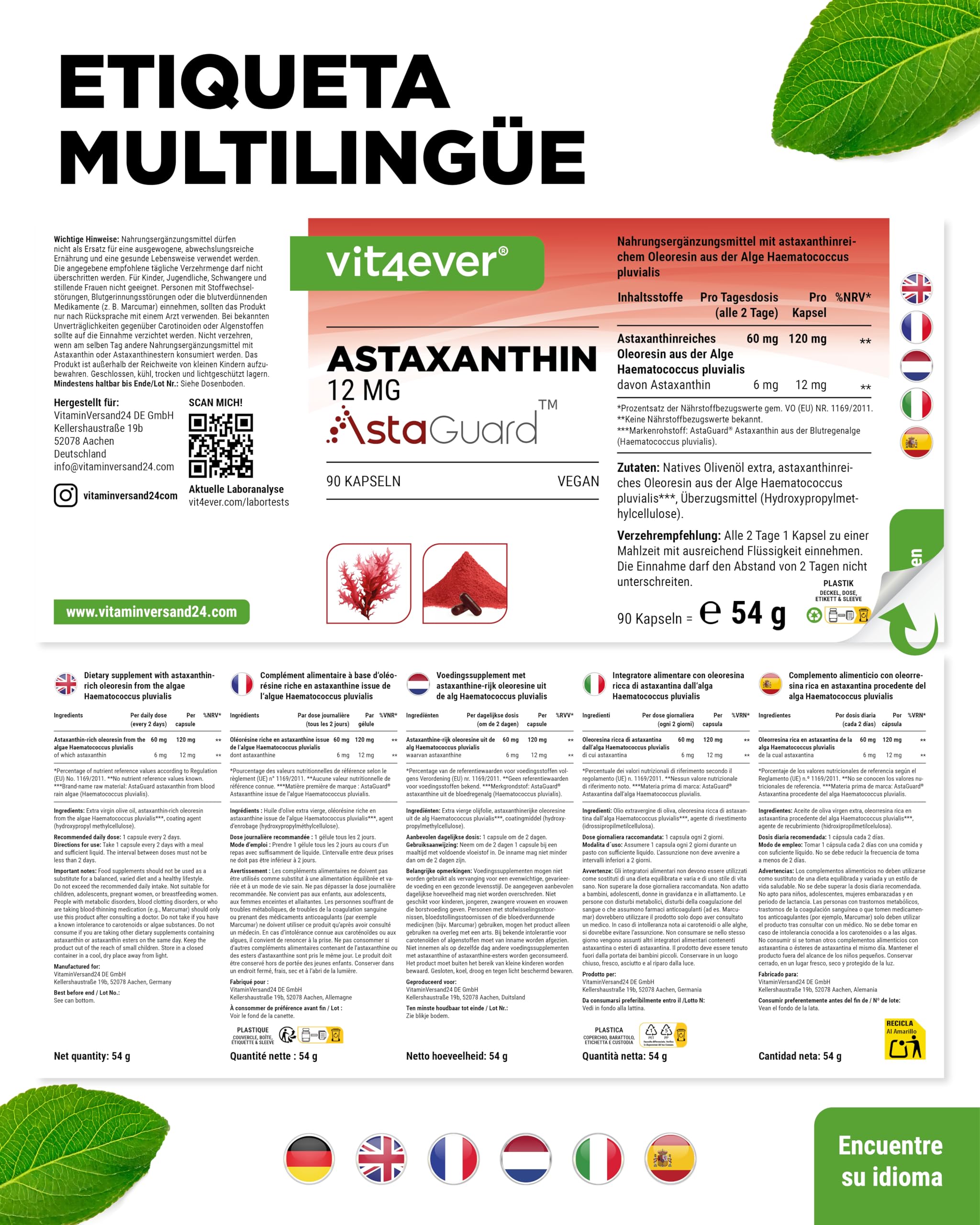 vit4ever Astaxantina 12 mg AstaGuard® - 90 Cápsulas Veganas - Alta Dosis - Suministro para 6 Meses - Oleorresina Premium de Haematococcus pluvialis