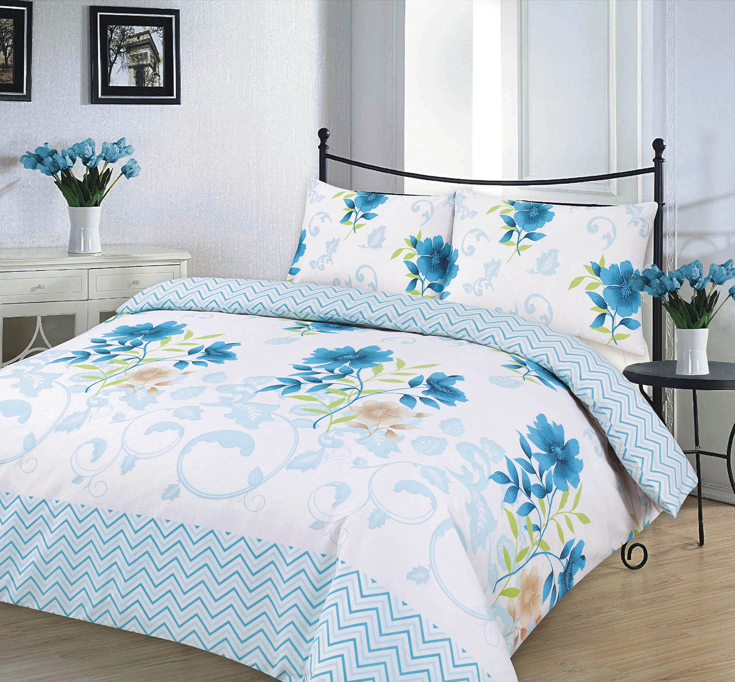 Kampala Hill Bethany Blue Super Kingsize Duvet Cover Set Polycotton Floral Bedding