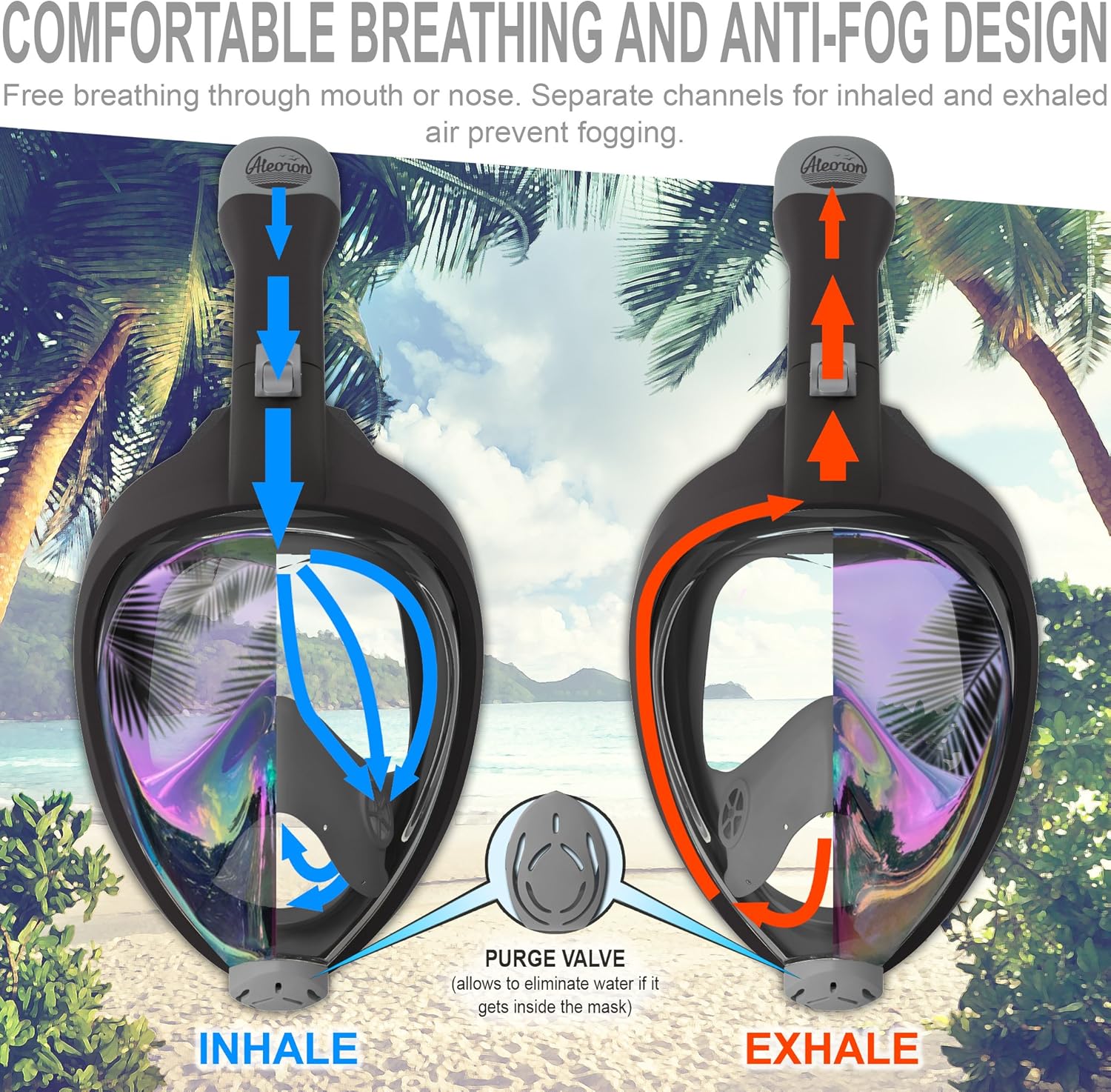Aleoron - Foldable Full Face Snorkel Mask for Adults and Youth (Women & Men) - Anti Fog Snorkeling Mask Full Face with Action Camera Mount - UV Panoramic 180 Dive Mask Seaview Diving Mask Set : Sports & Outdoors