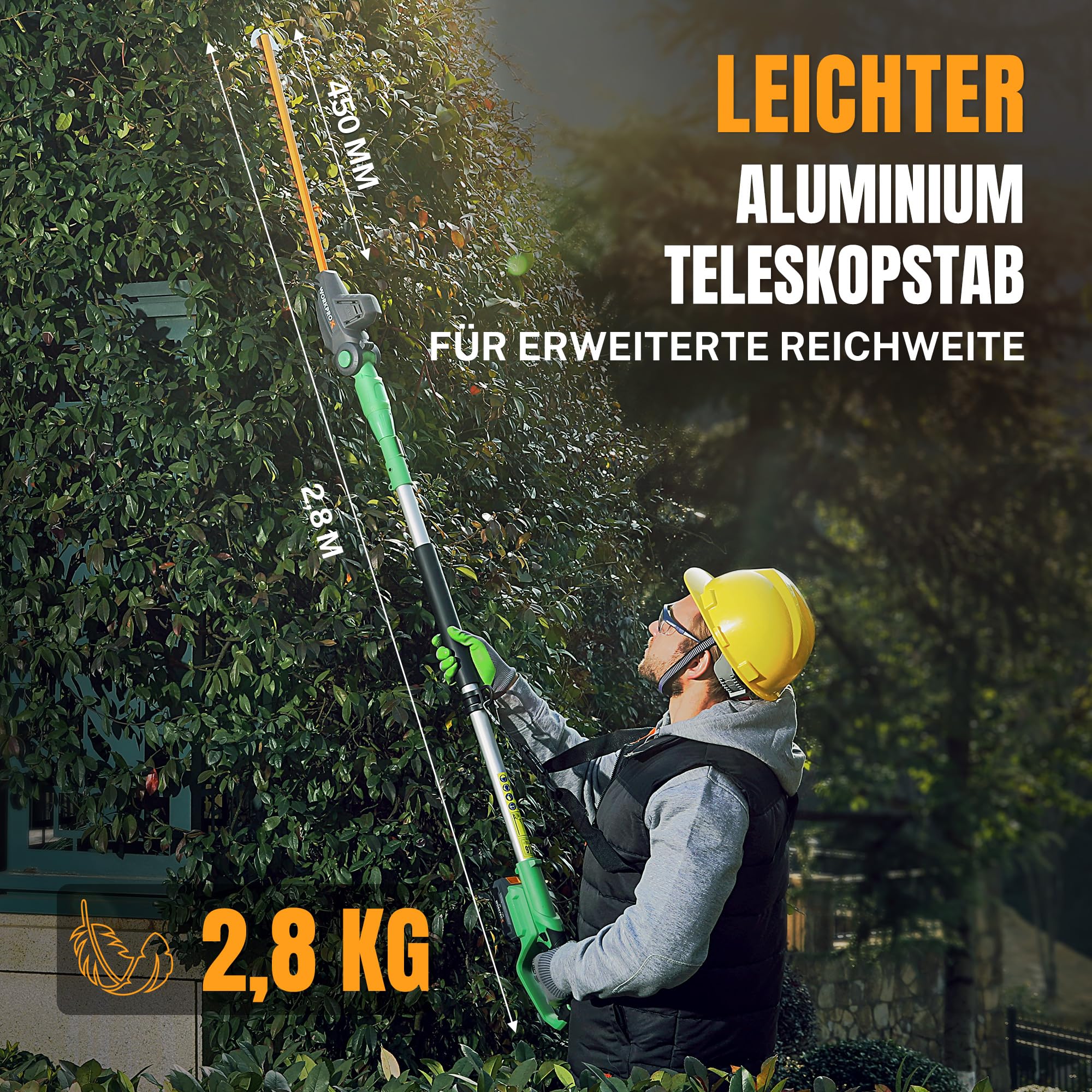 WORKPROX Akku Teleskop-Heckenschere 20V mit 2,0Ah Batteie & Typ-C Ladekabel, 2,8m Heckenschere Schnittlänge 45cm, Ø18mm, Heckentrimmer mit Teleskopstange für Garten, Hohen Hecken & Sträucher