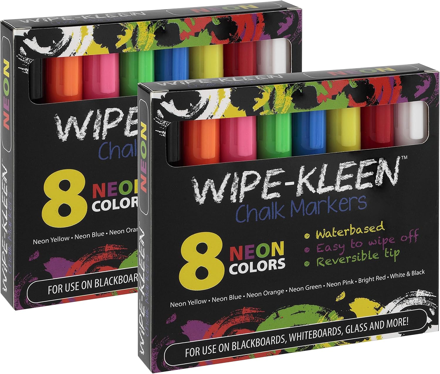 Wipe-Kleen Liquid Chalk Board Window Markers, Non Toxic Dry Erasable Pens for Cafe Menu Signs, Blackboard, Whiteboard & Glass- Bullet or Chisel Reversible Tips NEON Color- Set of 8 [3-Pack]