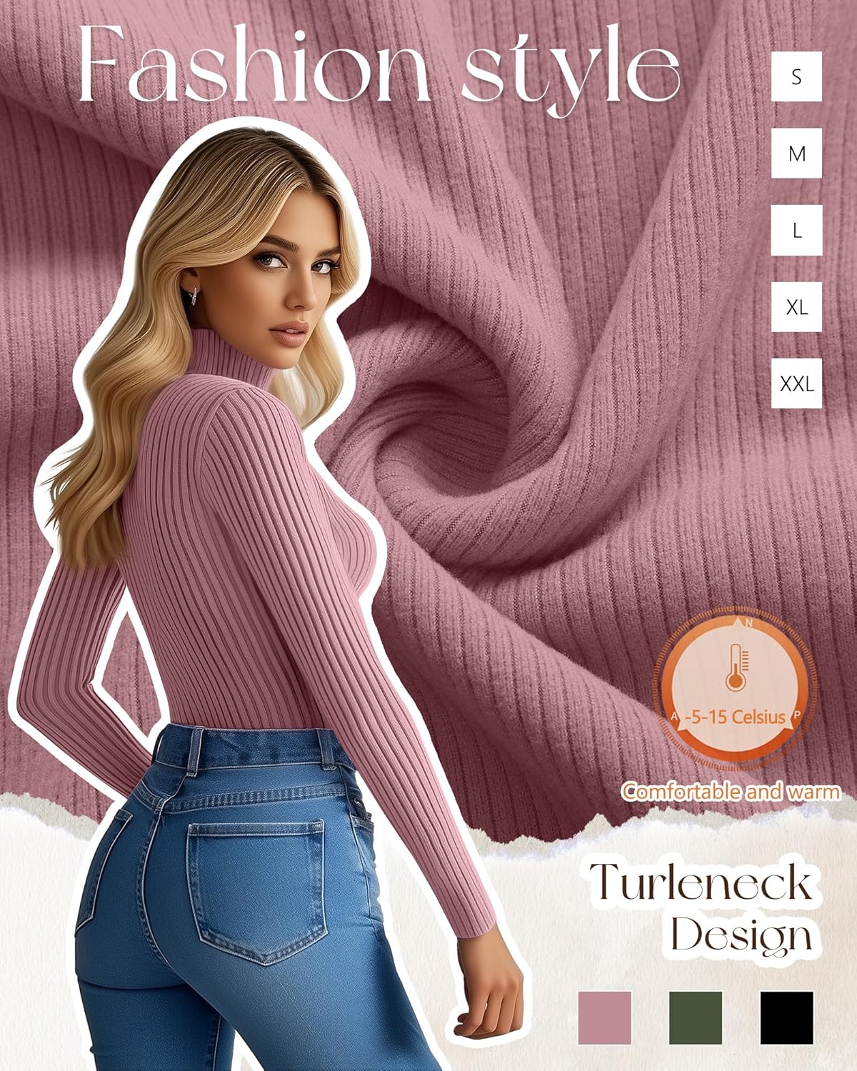 Ficerd 3 Pack Women's Ribbed Thermal Turtleneck Tops Long Sleeve Stretch Shirts Knitted Fitted Lightweight Base Layer - Image 4