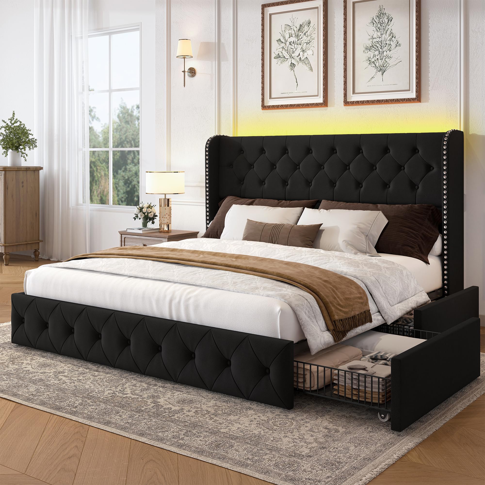 LARMACE King Size Bed Frame with LED Lights and 4 Storage Drawers Velvet Upholstered Platform Bed Frame with 47.2" Tall Tufted Headboard Wingback, No Box Spring Needed, Easy to Assemble, Black