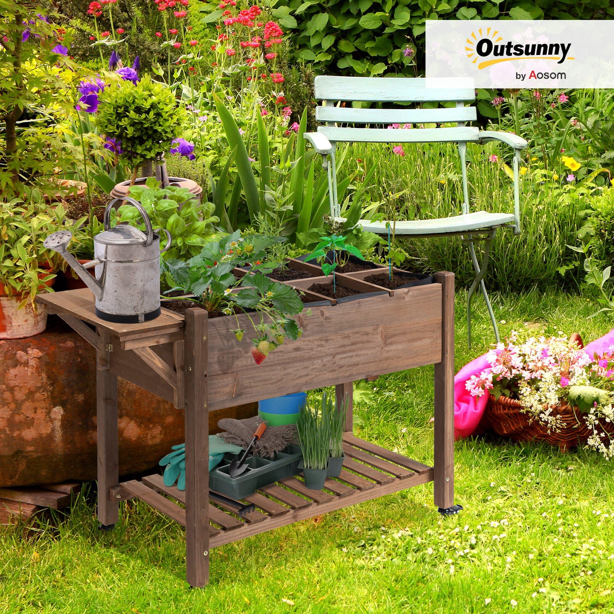 Outsunny Letto per Orto Rialzato a 8 Scomparti con Ruote, Ripiano Laterale e Mensola Inferiore a Doghe, Fioriera Rialzata da Esterno in Abete con 4 Fori di Drenaggio, 123x54x87cm, Caffè Scuro