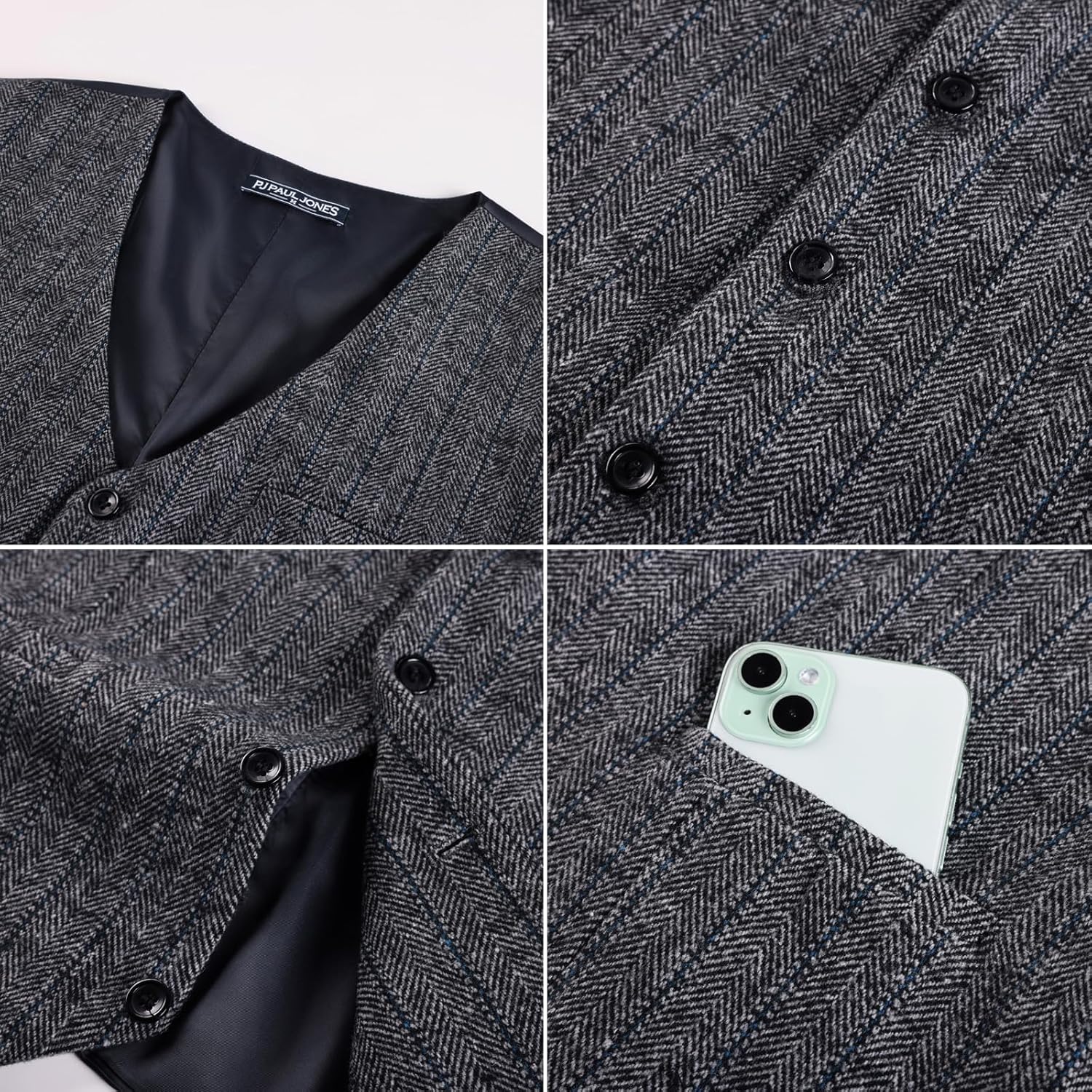 PJ PAUL JONES Men's Herringbone Tweed Suit Vest Casual Wool Blend Waistcoat