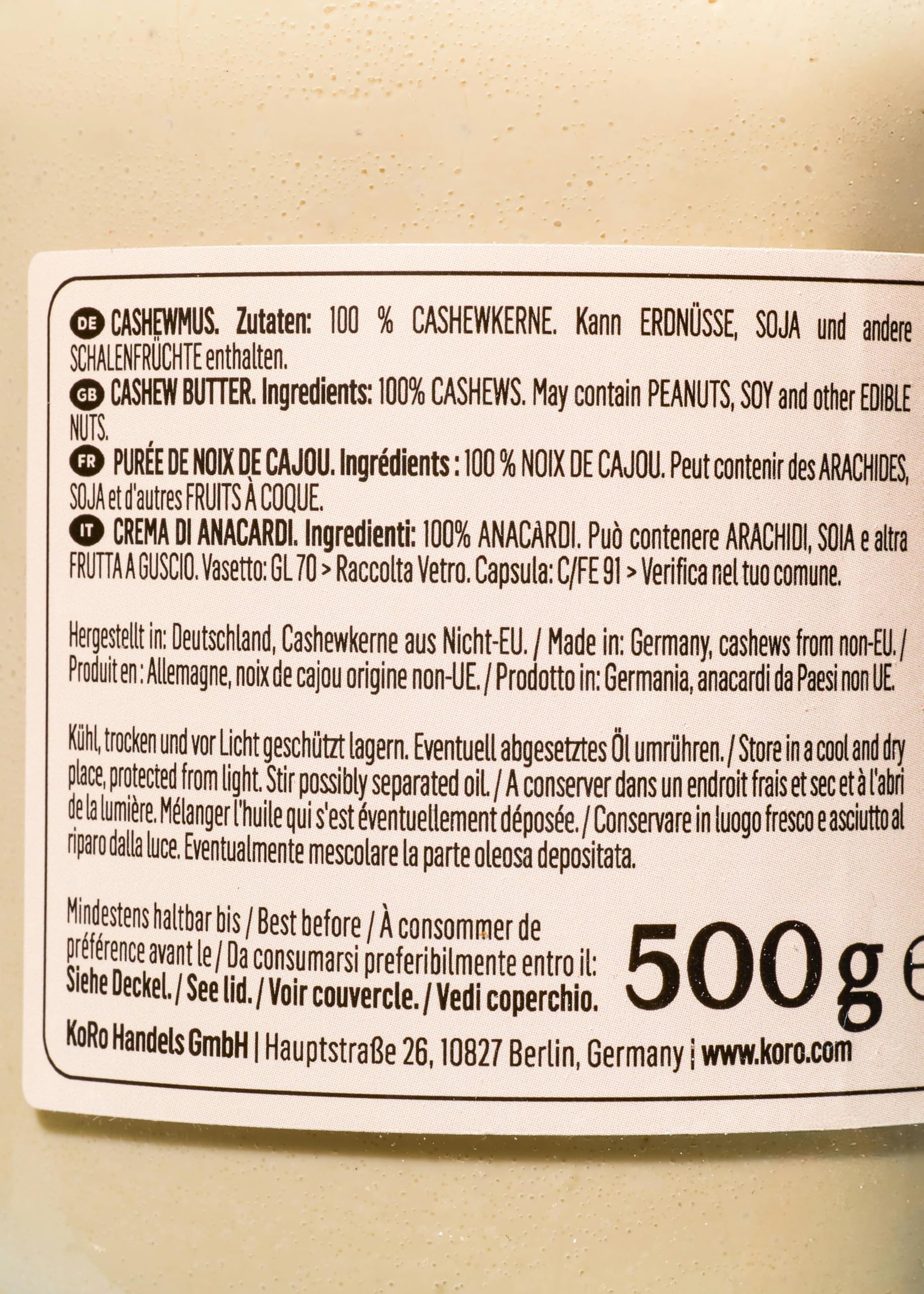 KoRo - Crema di anacardi 6 x 500 g - Crema di frutta secca senza zuccheri aggiunti e senza additivi - Spalmabile, 100% a base di anacardi, prodotto vegano
