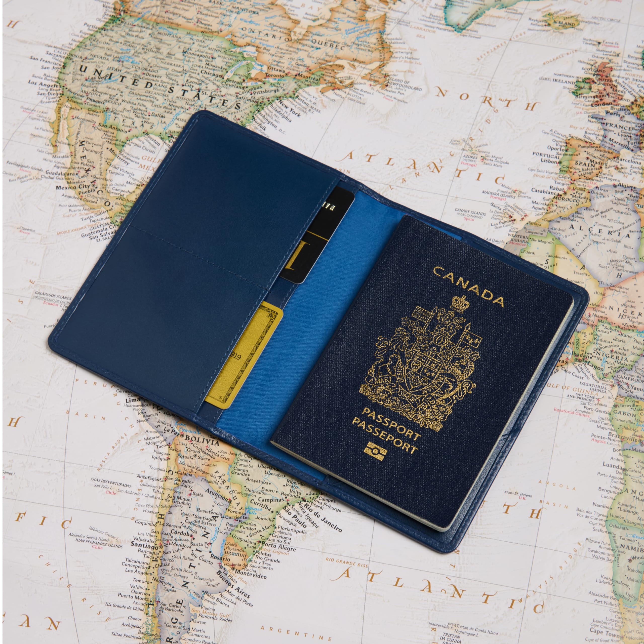 Theodore Porta passaporto in pelle, Blu, Pieghevole e compatto