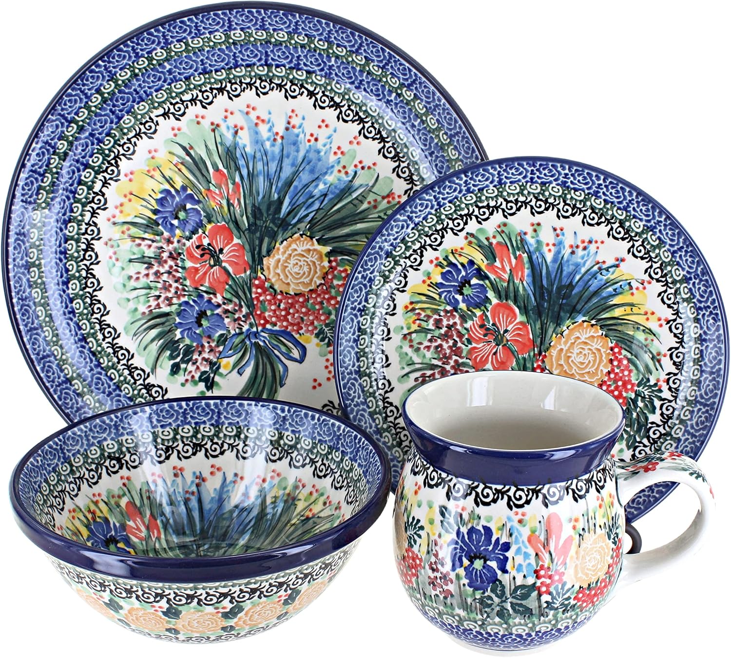 Blue Rose Polish Pottery - Blue Memory Garden 16 Piece Dinner Set - 4 Place Settings - Great for Everyday Dining, Casual Dining, or as Formal Dinnerware