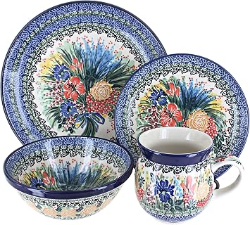 Blue Rose Polish Pottery - Blue Summer Blooms 16 Piece Dinner Set - 4 Place Settings - Great for Everyday Dining, Casual Dining, or as Formal Dinnerware