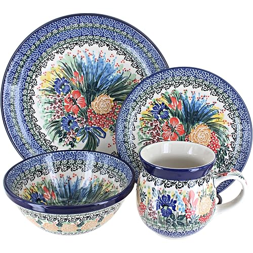Blue Rose Polish Pottery - Blue Summer Blooms 16 Piece Dinner Set - 4 Place Settings - Great for Everyday Dining, Casual Dining, or as Formal Dinnerware