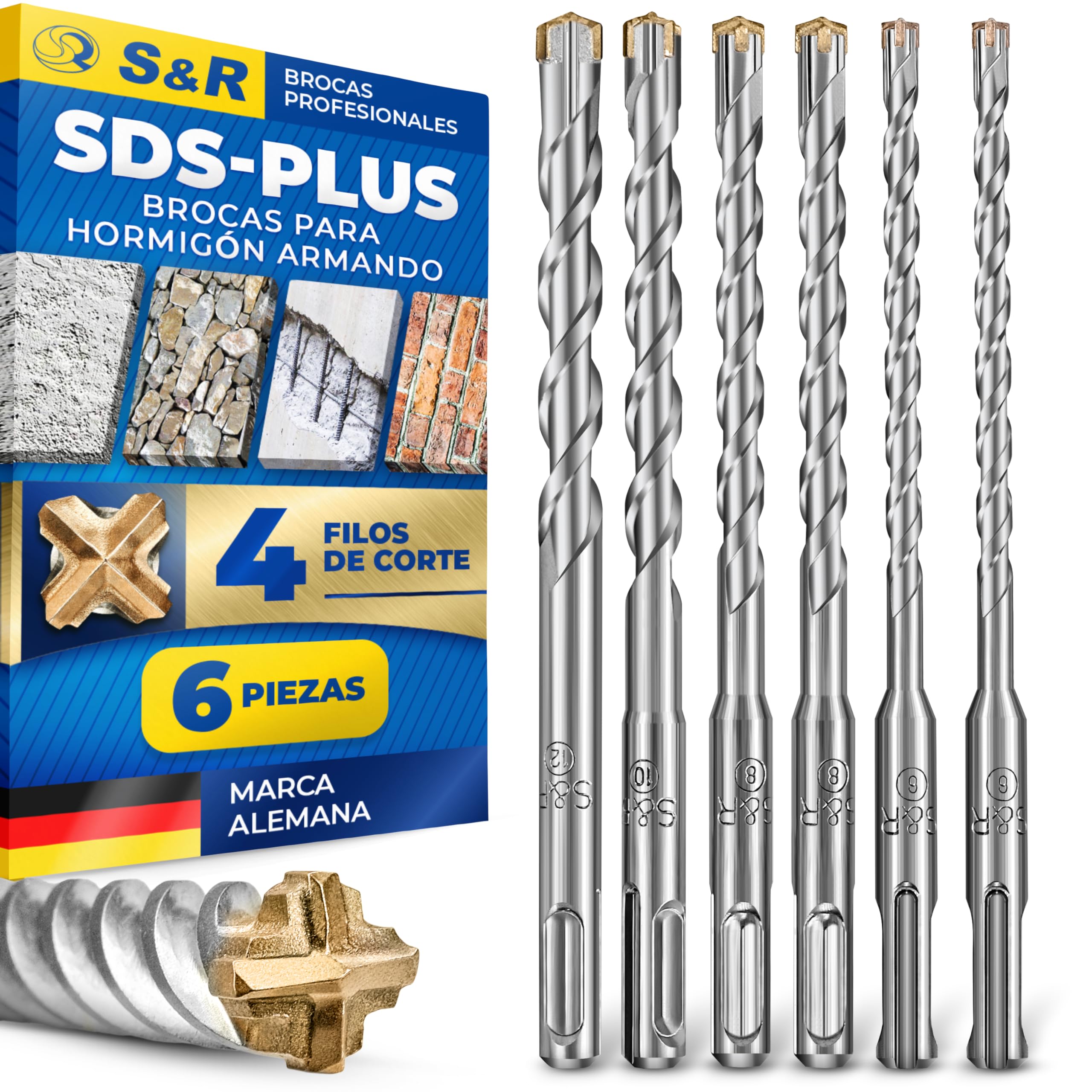 S&R Brocas SDS-Plus 4 Filos Cortes - Juego de 6 Brocas para Hormigón Piedra y Granito 6 8 10 12 mm Taladro Universal