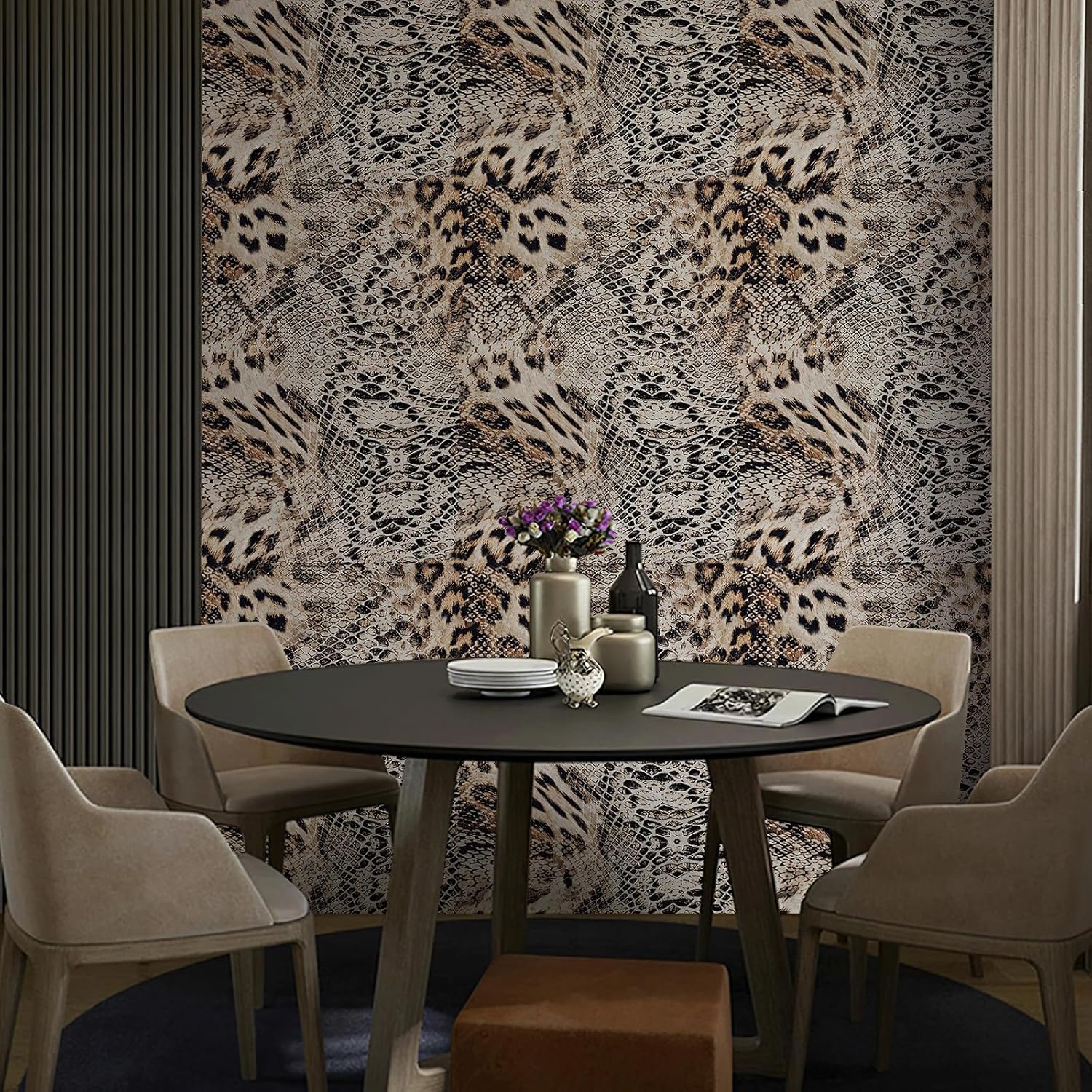 JiffDiff Textured Leopard Snake Print Peel and Stick Wallpaper, 17.3" x 480" Thick Waterproof Self-Adhesive Wall Paper, Modern Jungle Wild Animal Print Contact Paper for Table, Bedroom and Bathroom