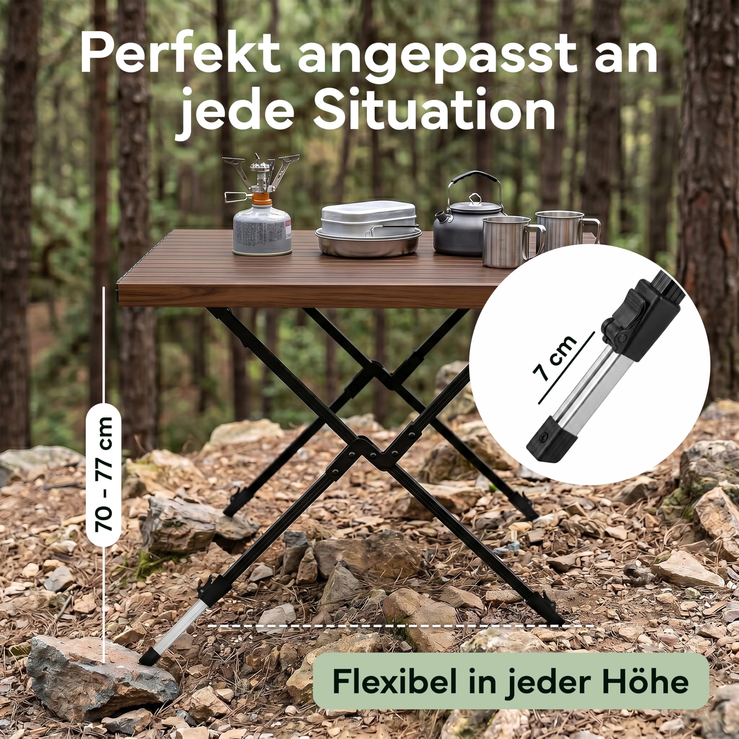 NORDPINE Campingtisch klappbar höhenverstellbar 45-68 cm – Faltbarer Outdoor Tisch & Picknicktisch aus Aluminium mit kleinem Packmaß – Wetterfester Gartentisch Klapptisch Camping mit Tragetasche