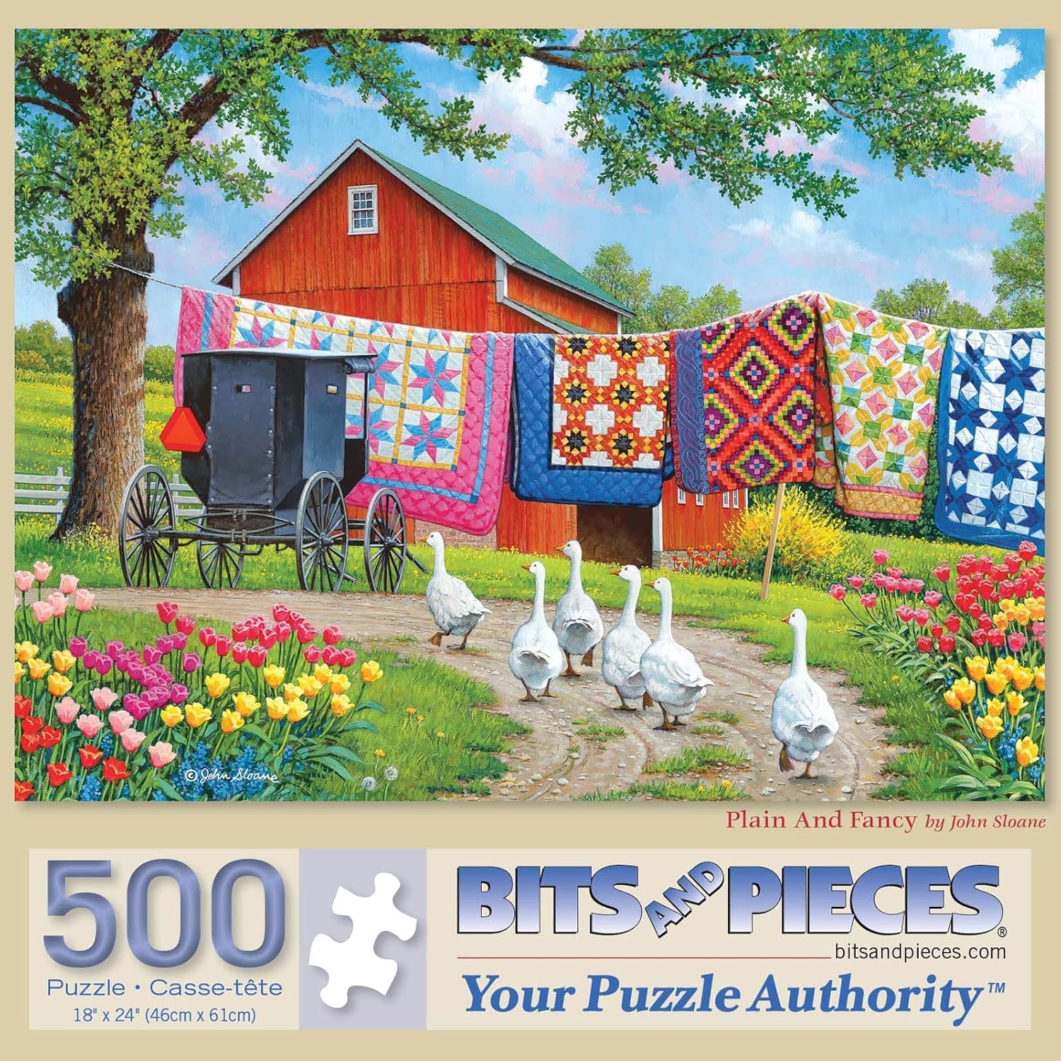 Bits and Pieces – 500 Piece Jigsaw Puzzle for Adults – Plain and Fancy - Geese Farm Quilt Laundry Car Jigsaw Puzzle by Artist John Sloane, Completed Puzzle Size: 18" x 24"