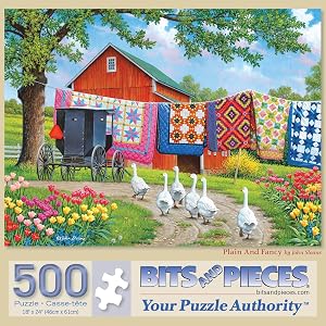 Bits and Pieces – 500 Piece Jigsaw Puzzle for Adults – Plain and Fancy - Geese Farm Quilt Laundry Car Jigsaw Puzzle by Artist John Sloane, Completed Puzzle Size: 18" x 24"