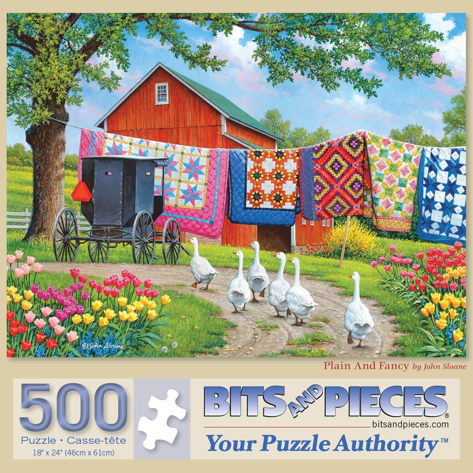 Bits and Pieces – 500 Piece Jigsaw Puzzle for Adults – Plain and Fancy - Geese Farm Quilt Laundry Car Jigsaw Puzzle by Artist John Sloane, Completed Puzzle Size: 18" x 24"